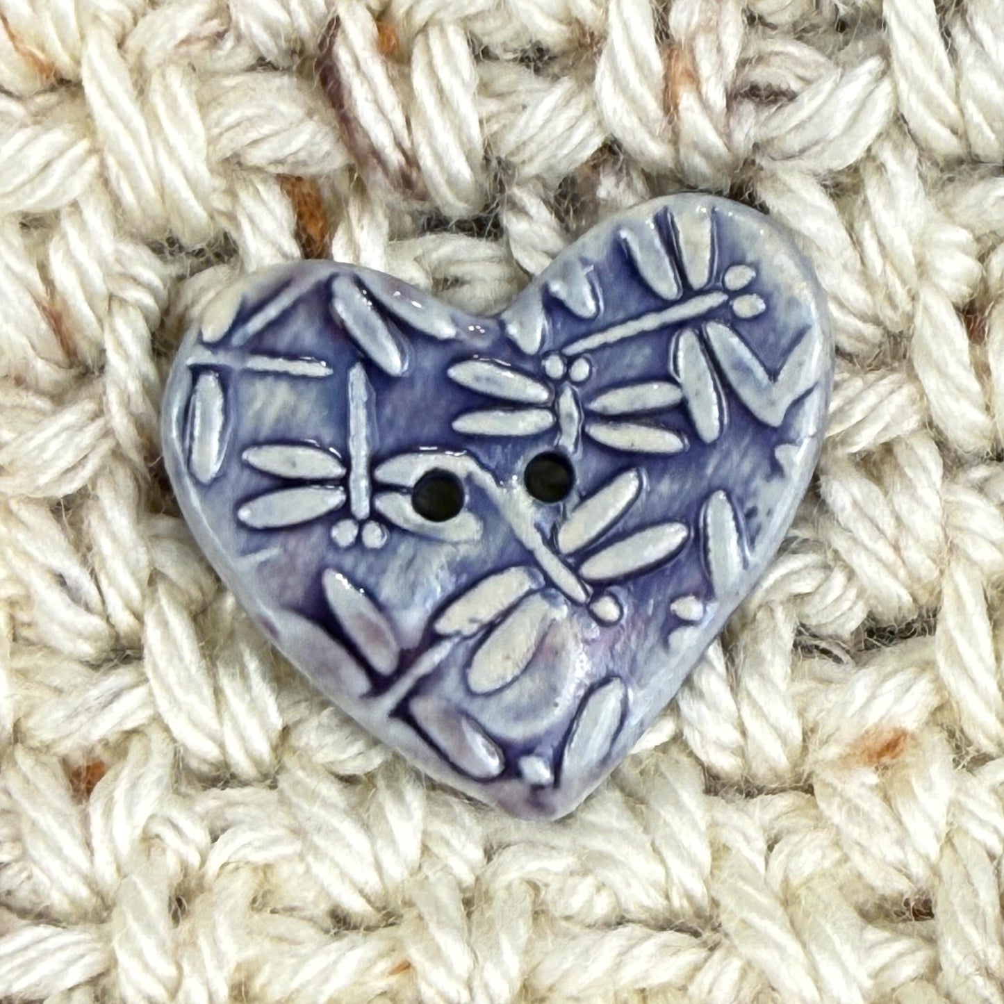 Purple Dragonfly Patterned Heart Ceramic Button