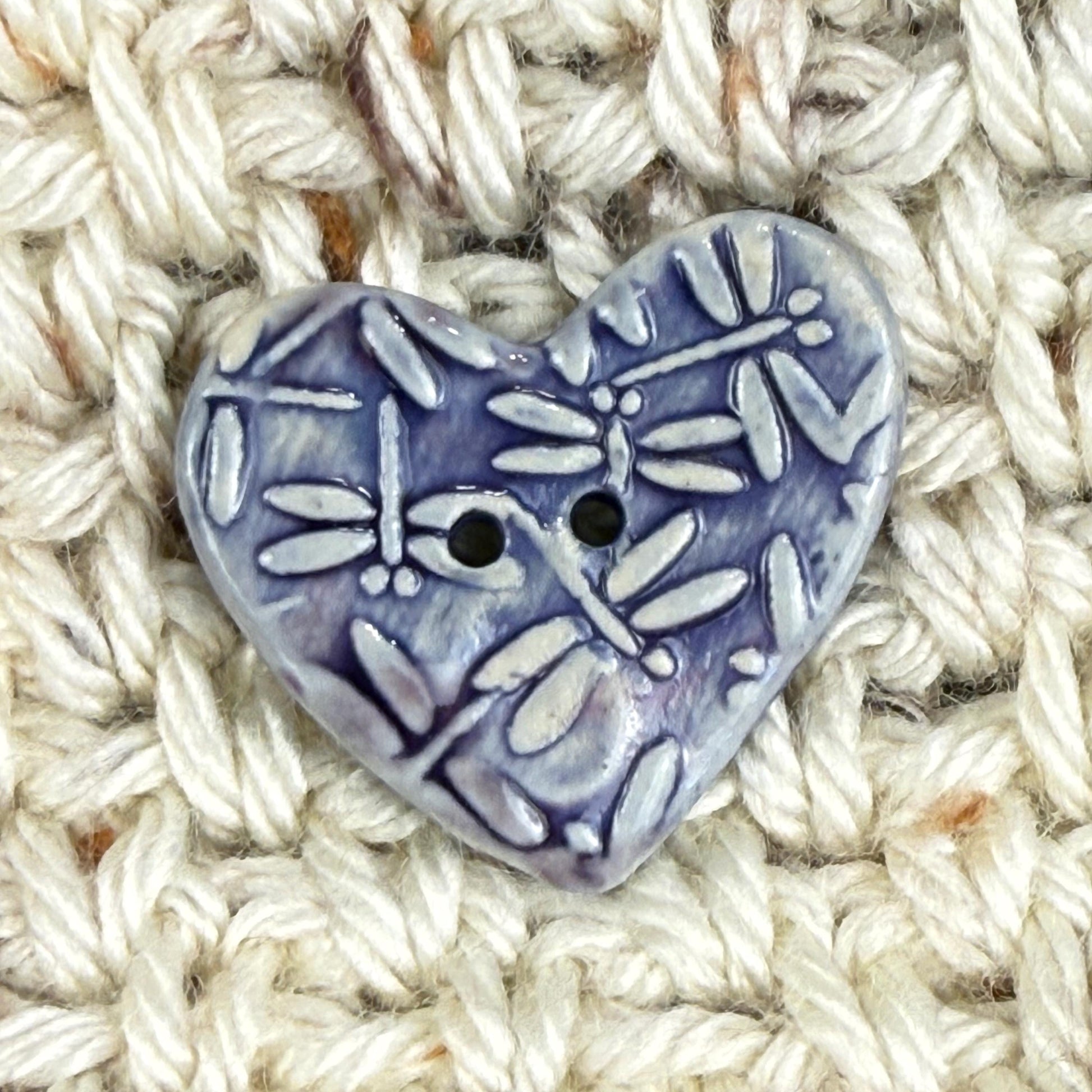 Purple Dragonfly Patterned Heart Ceramic Button