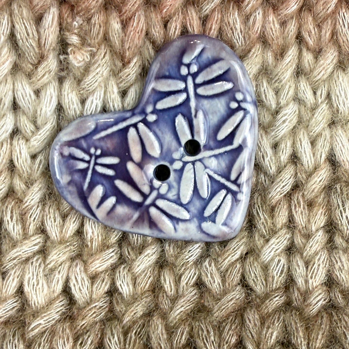 Purple Dragonfly Patterned Heart Ceramic Button