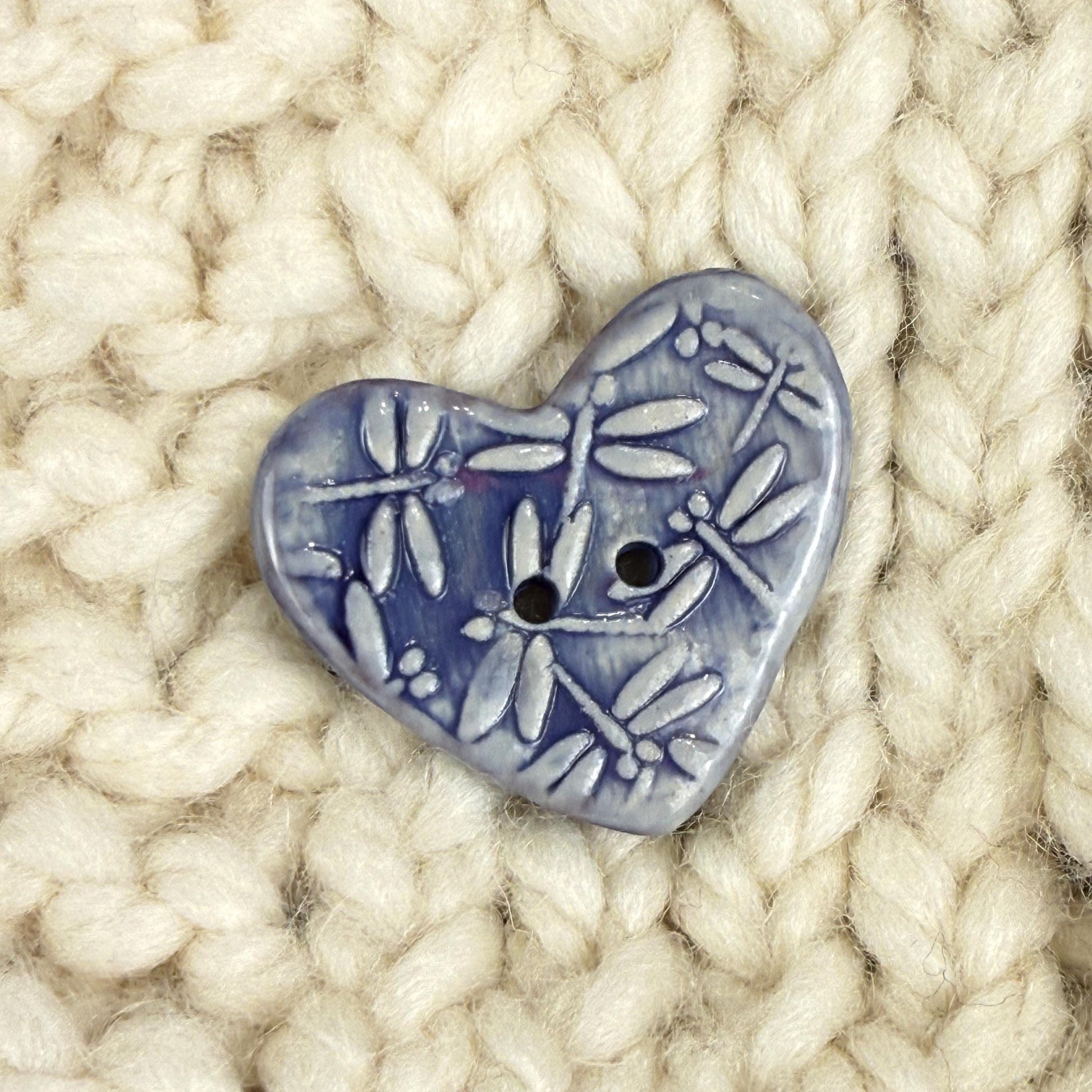 Purple Dragonfly Patterned Heart Ceramic Button