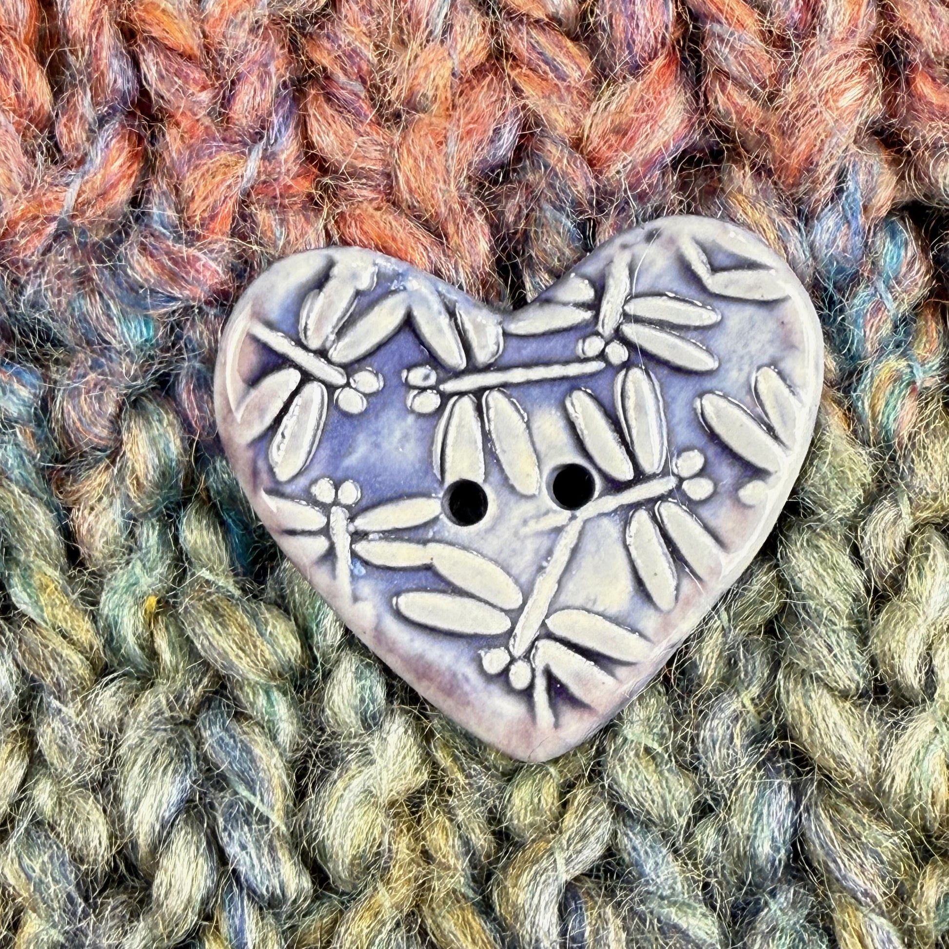 Purple Dragonfly Patterned Heart Ceramic Button