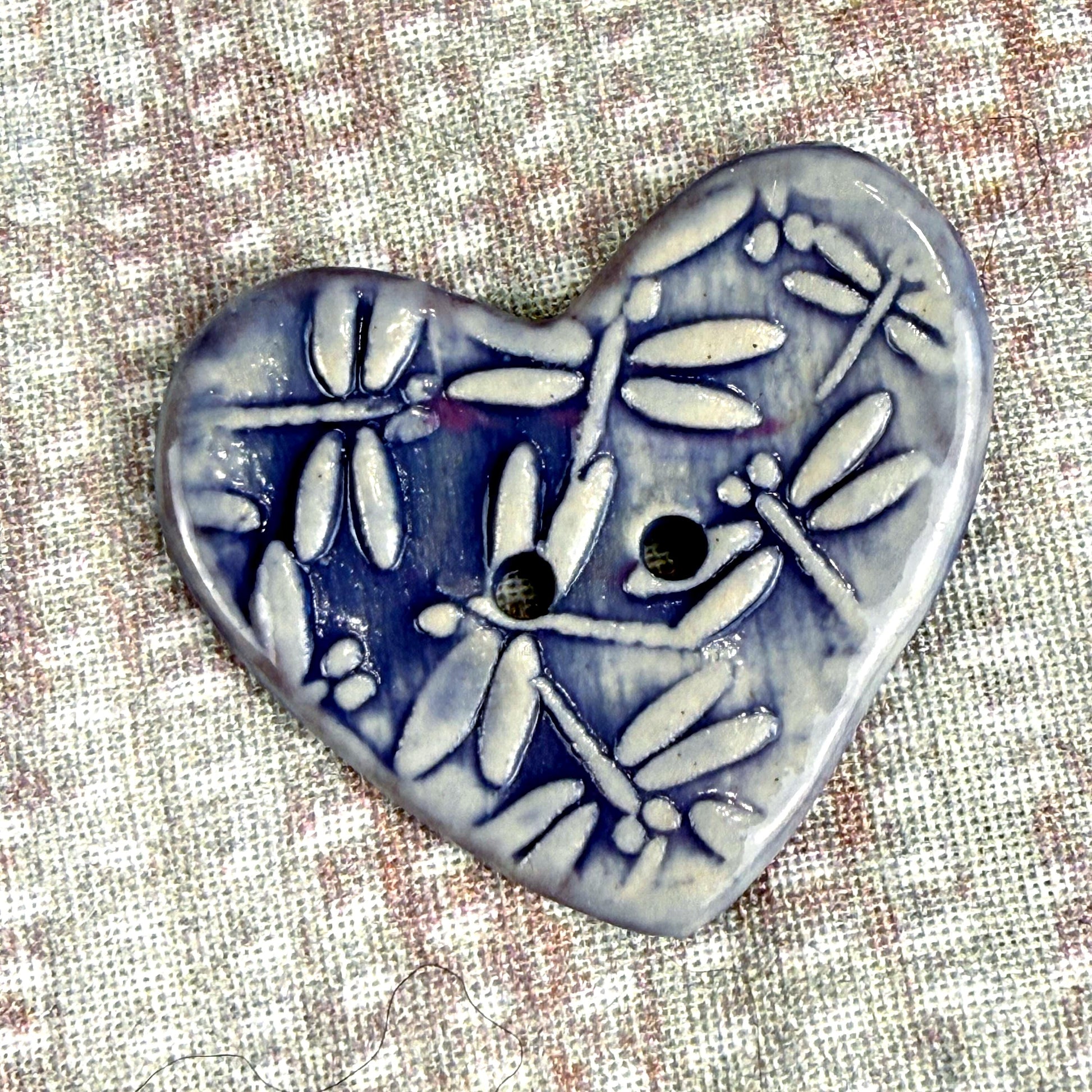 Purple Dragonfly Patterned Heart Ceramic Button