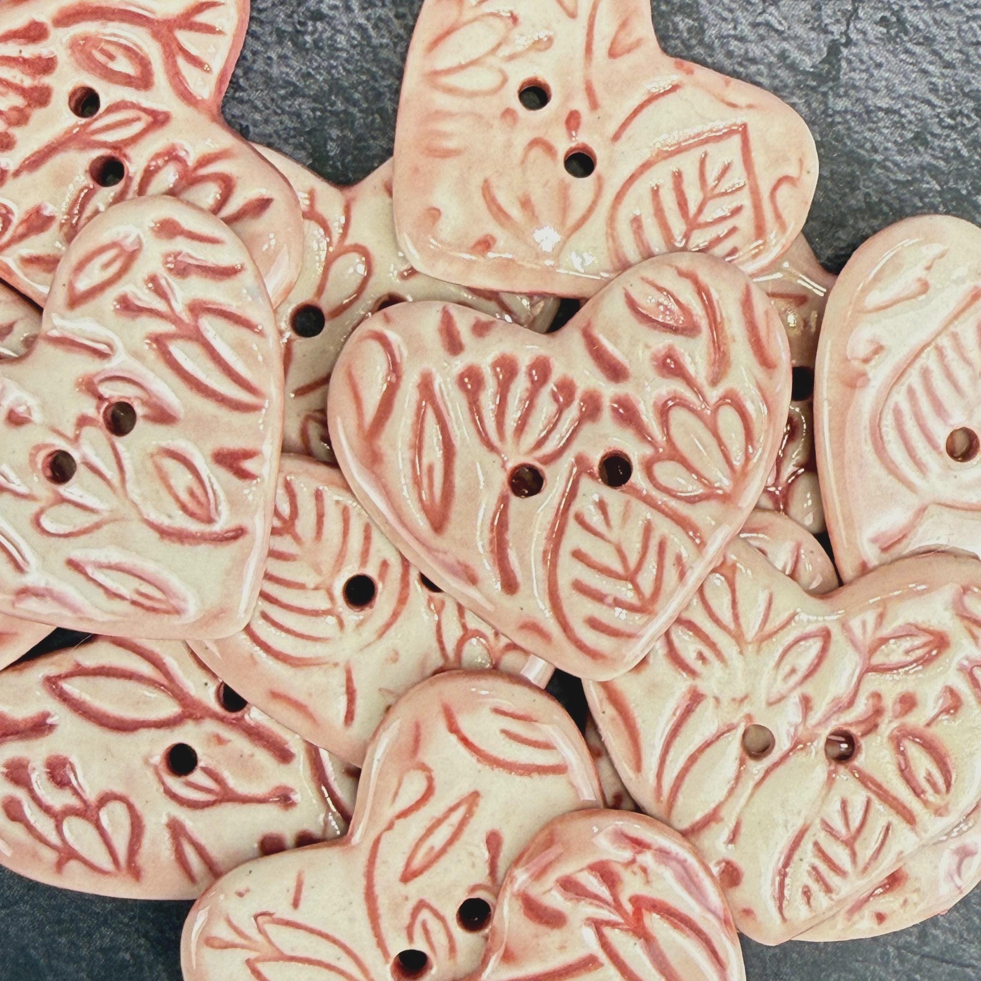 Red and Pale Pink Floral Patterned Heart Ceramic Button