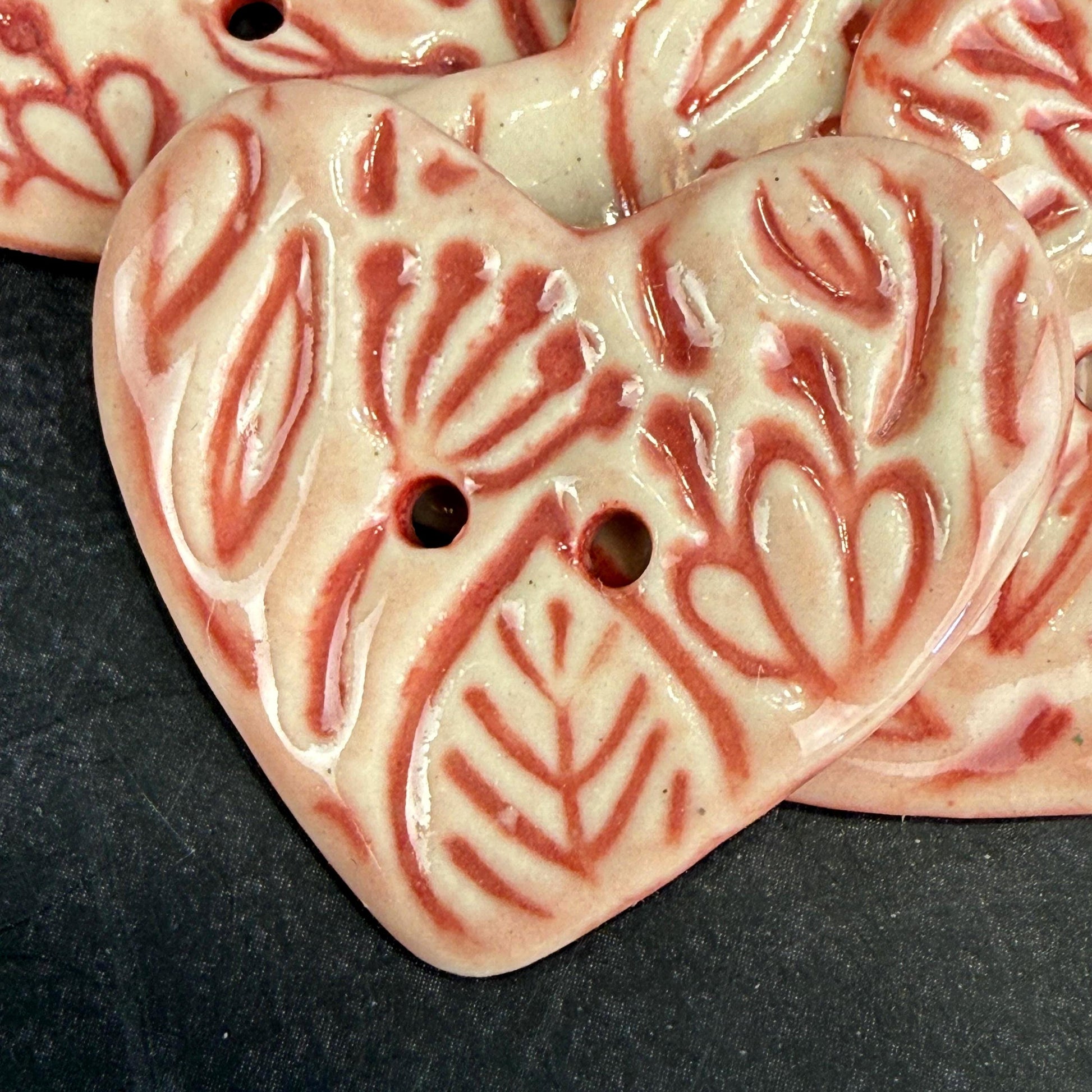 Red and Pale Pink Floral Patterned Heart Ceramic Button