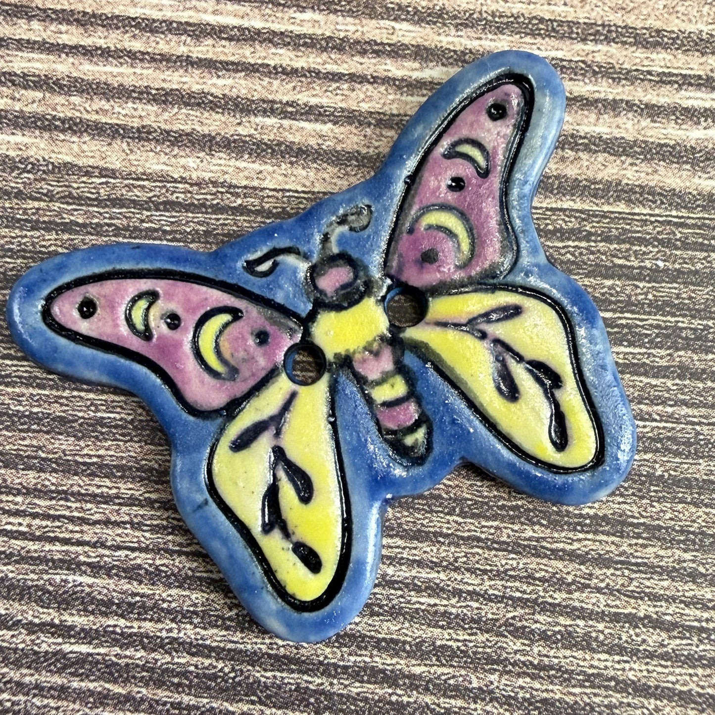 Purple, Blue, Yellow Moth Ceramic Button