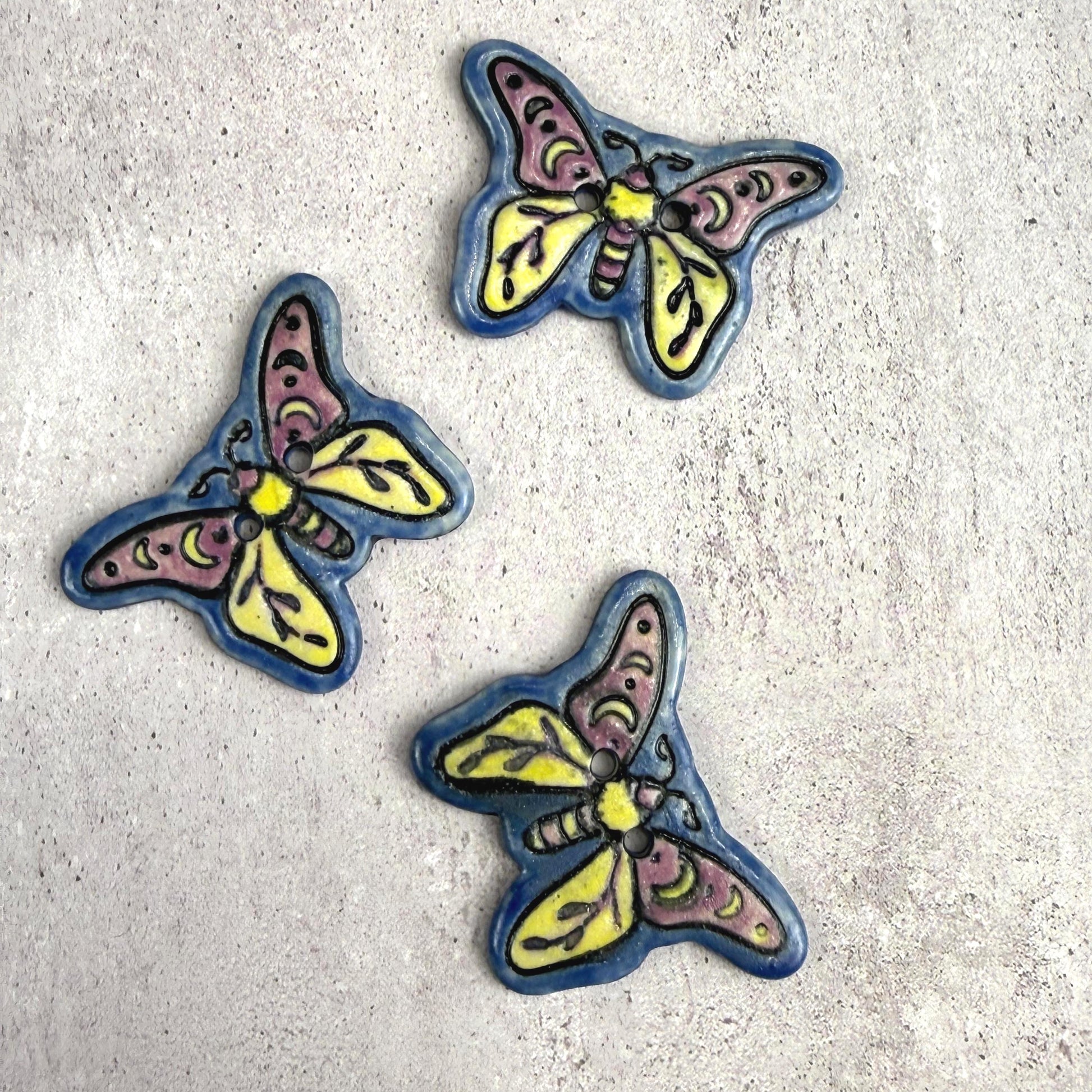 Purple, Blue, Yellow Moth Ceramic Button