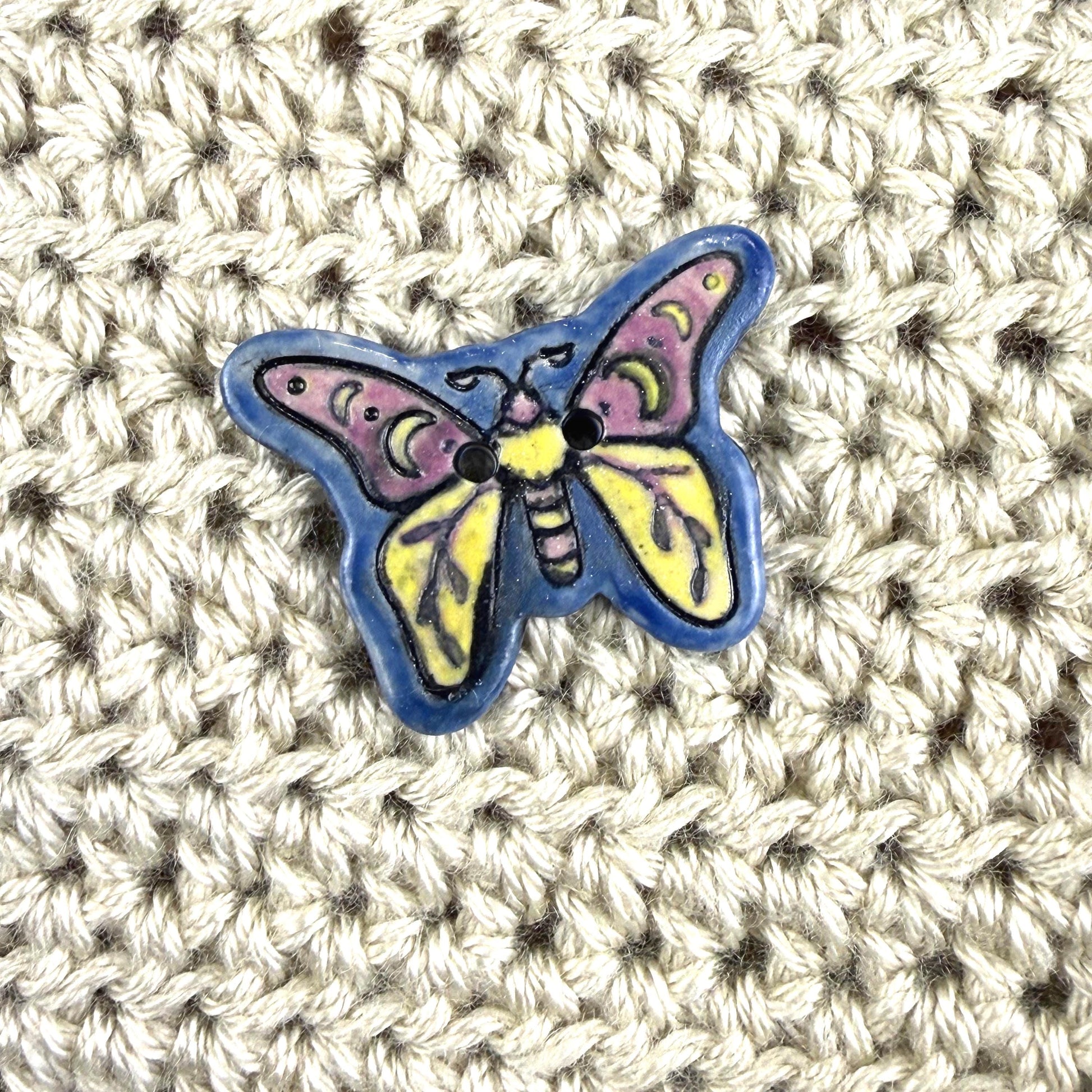 Purple, Blue, Yellow Moth Ceramic Button