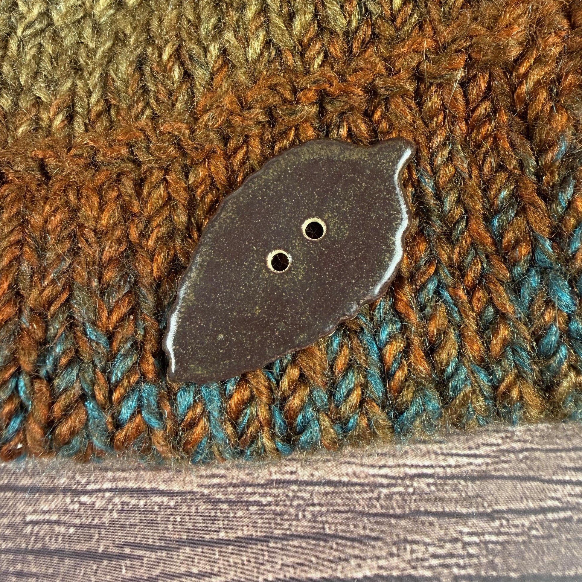 Large Dark Brown Leaf Ceramic Button