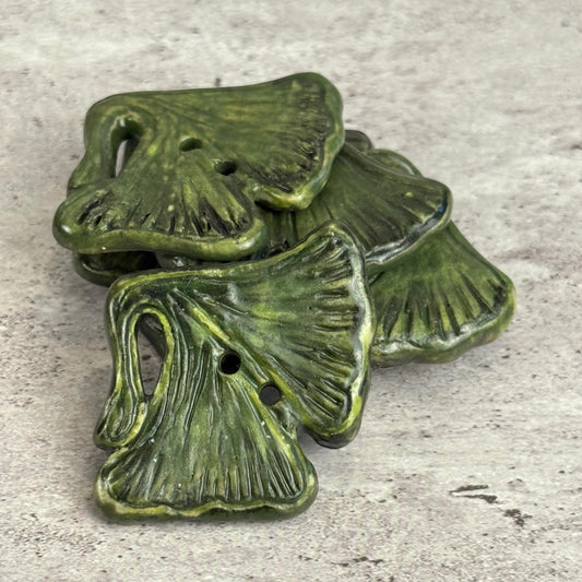 Carved Green Ginkgo Ceramic Button with Dark Green Details