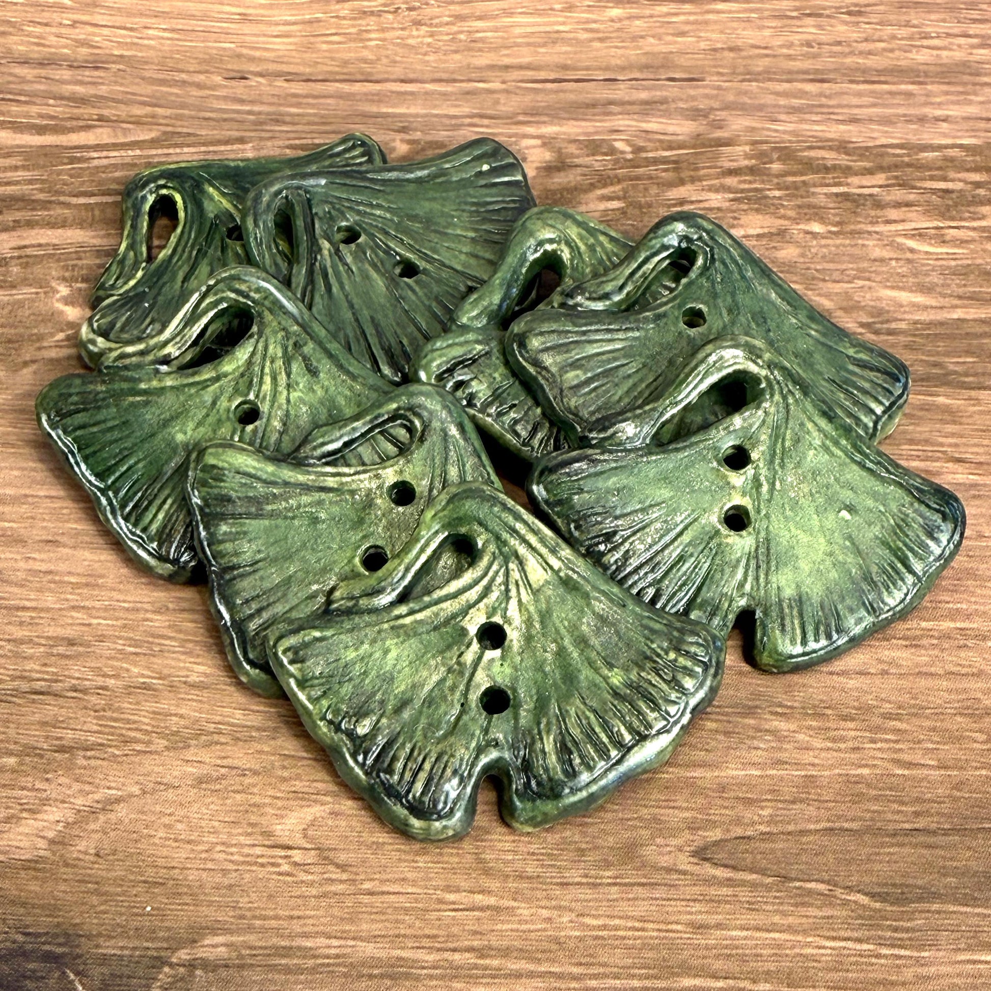 Carved Green Ginkgo Ceramic Button with Dark Green Details