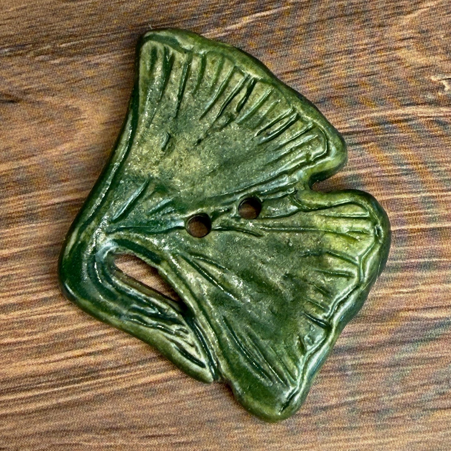 Carved Green Ginkgo Ceramic Button