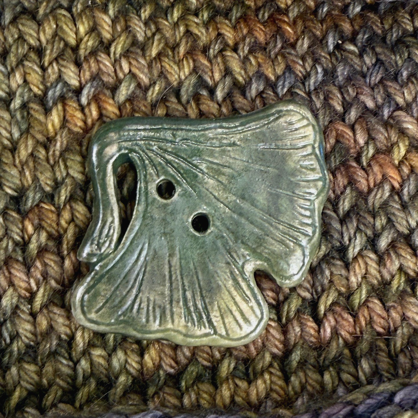 Carved Green Ginkgo Ceramic Button