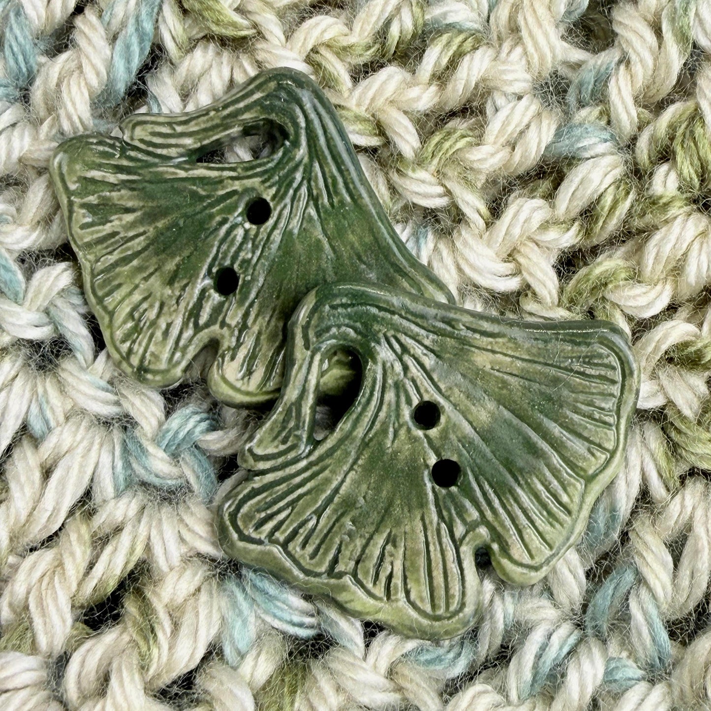 Carved Green Ginkgo Ceramic Button