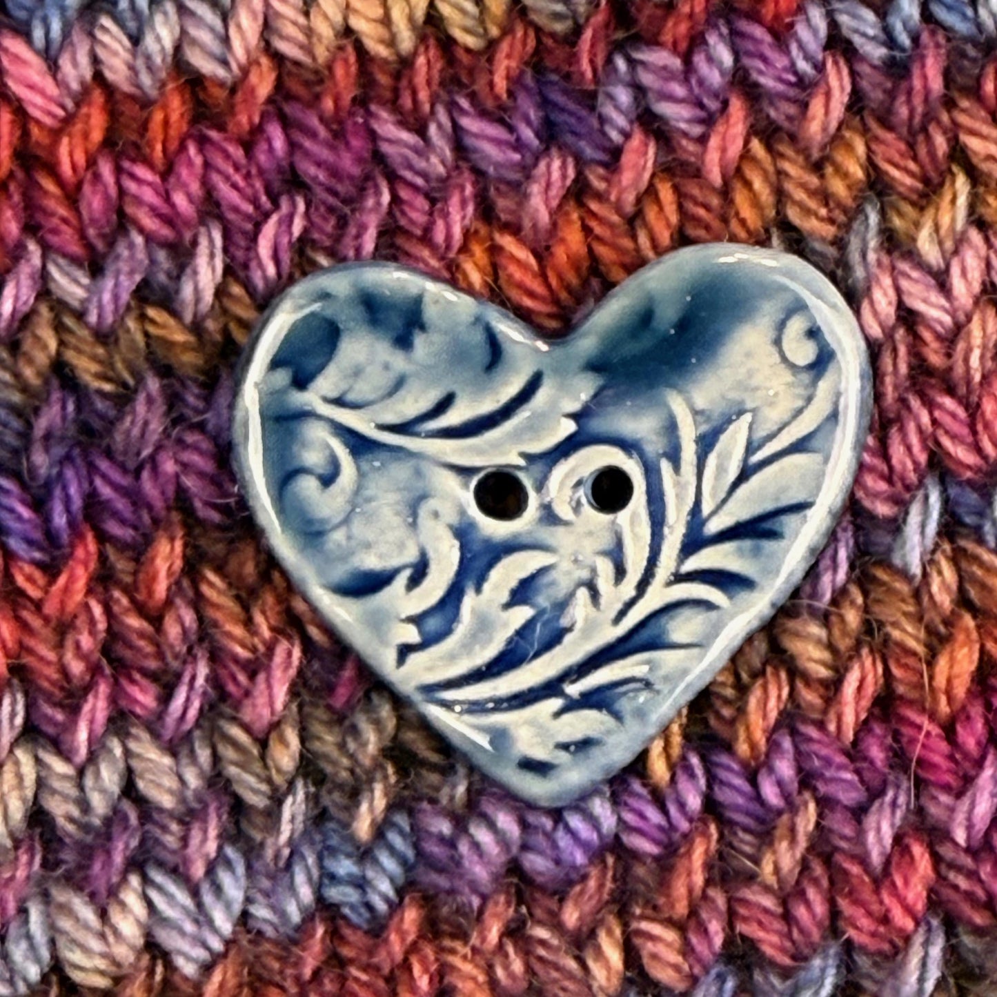 Dark Blue Patterned Heart Ceramic Button