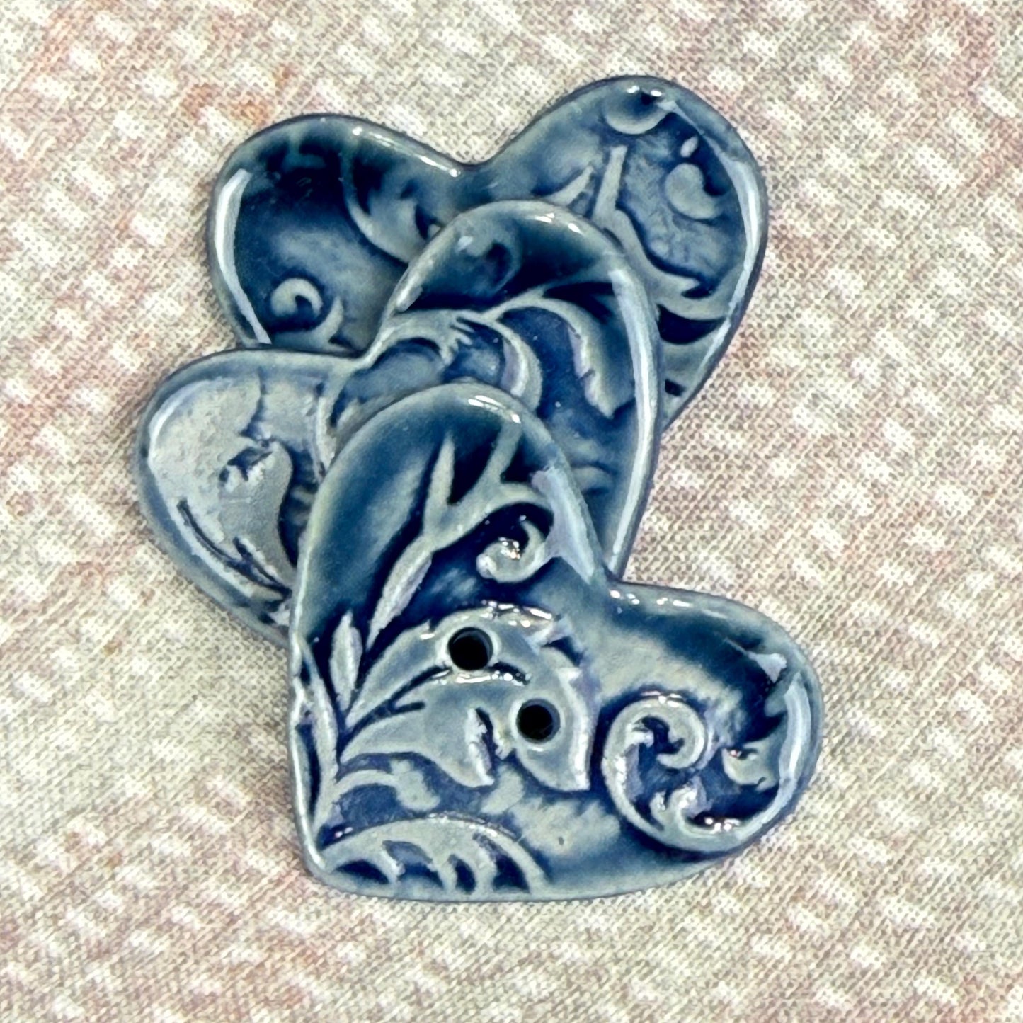 Dark Blue Patterned Heart Ceramic Button
