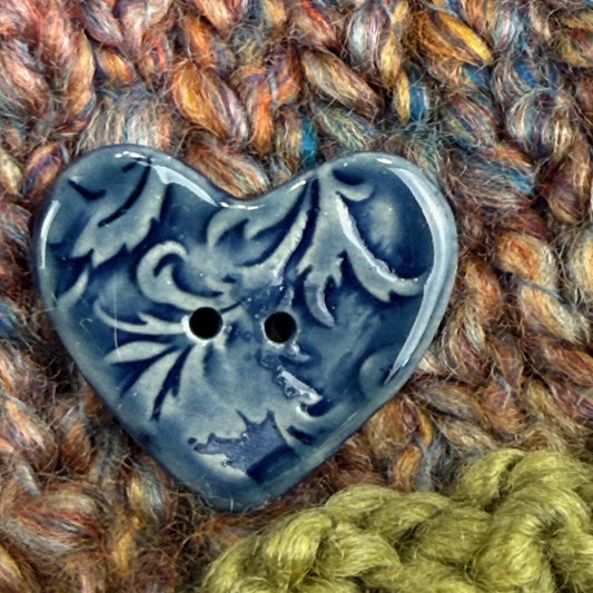 Dark Blue Patterned Heart Ceramic Button