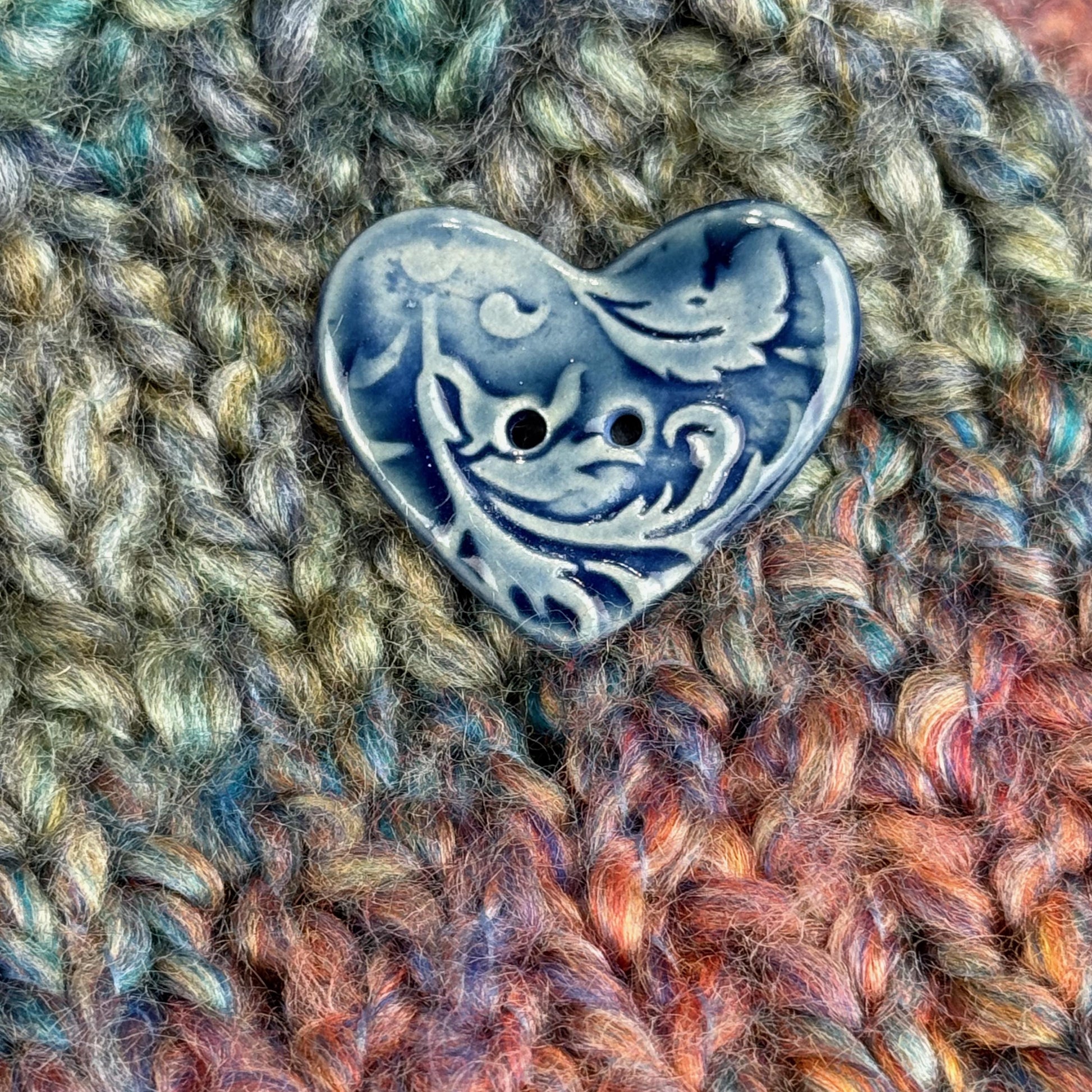 Dark Blue Patterned Heart Ceramic Button