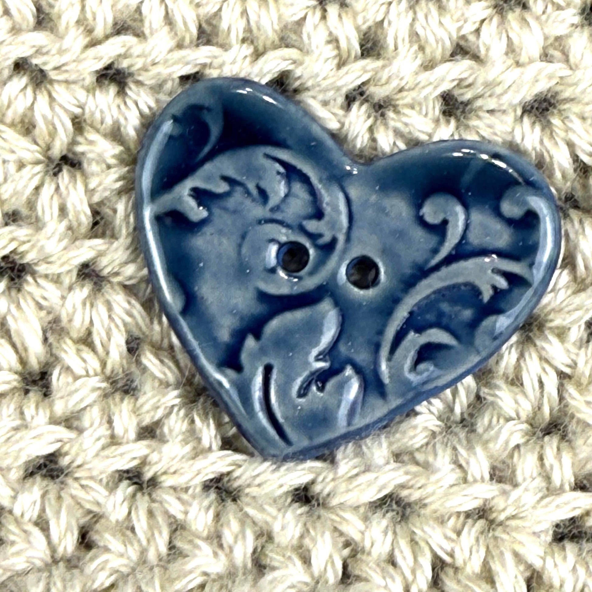 Dark Blue Patterned Heart Ceramic Button