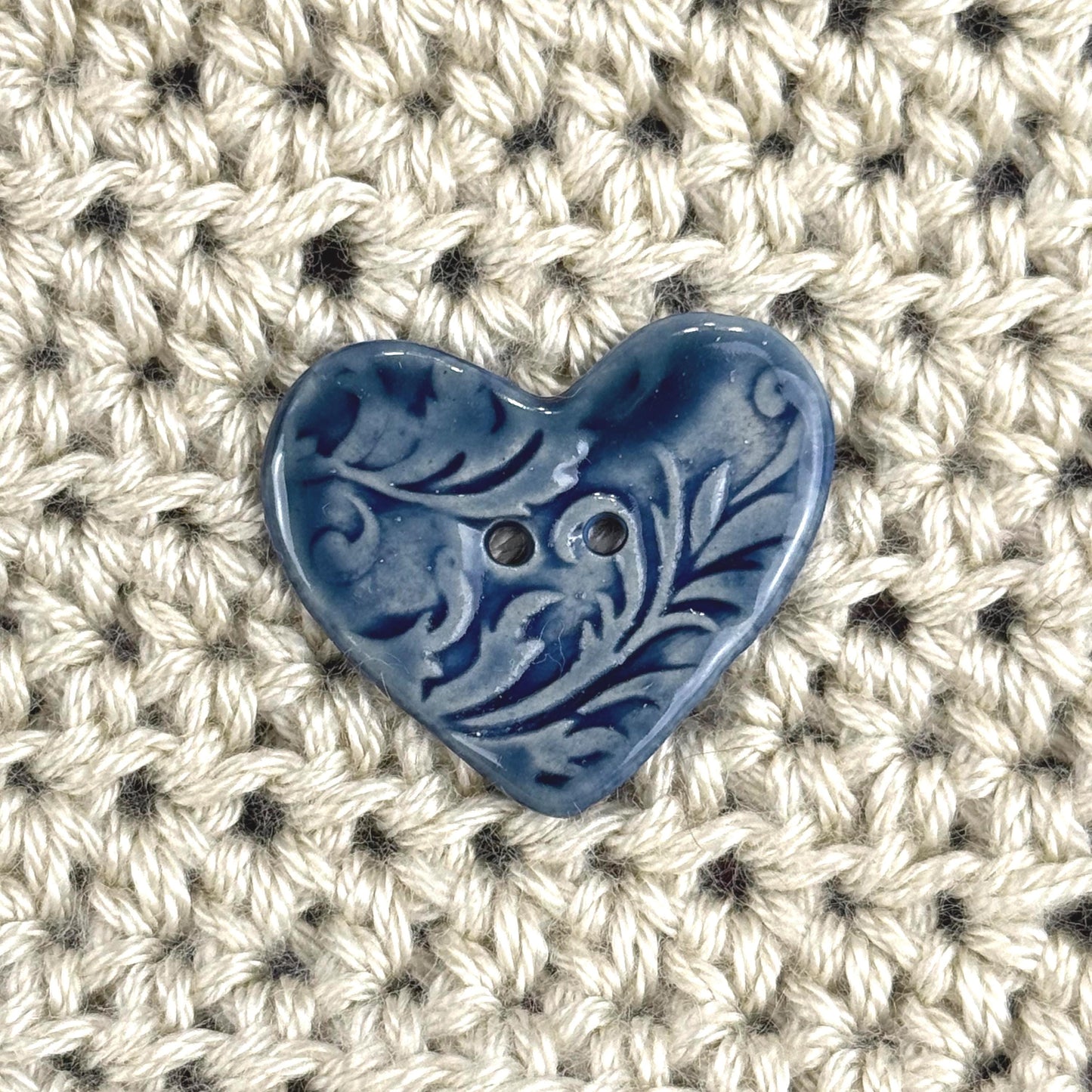 Dark Blue Patterned Heart Ceramic Button