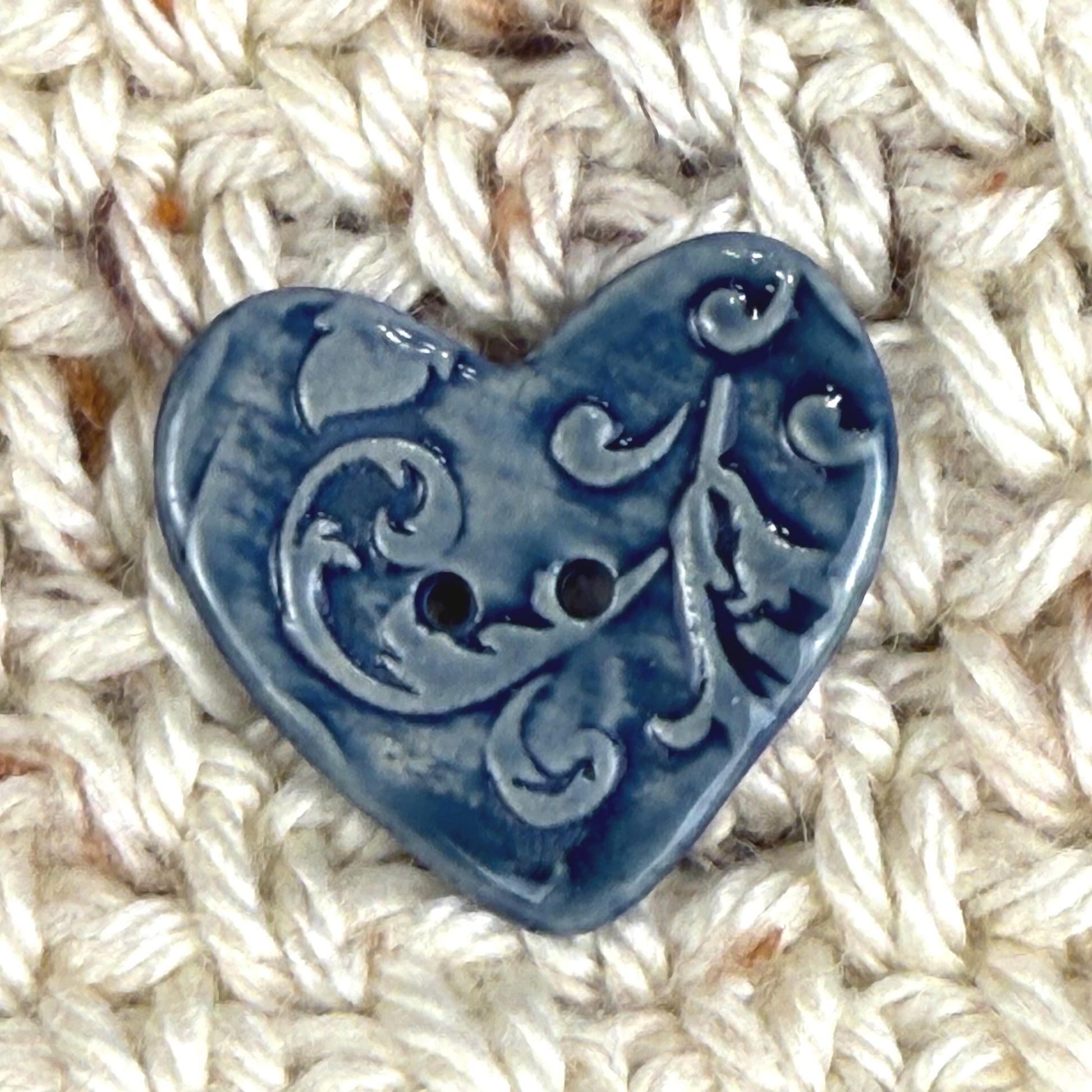 Dark Blue Patterned Heart Ceramic Button