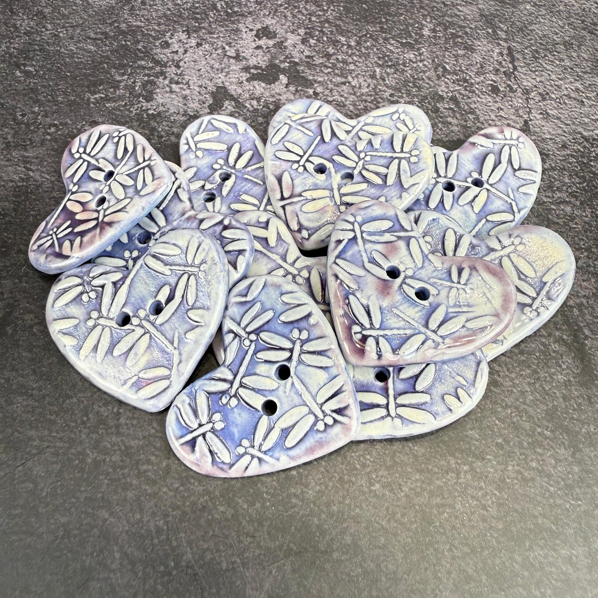 Purple Dragonfly Patterned Heart Ceramic Button