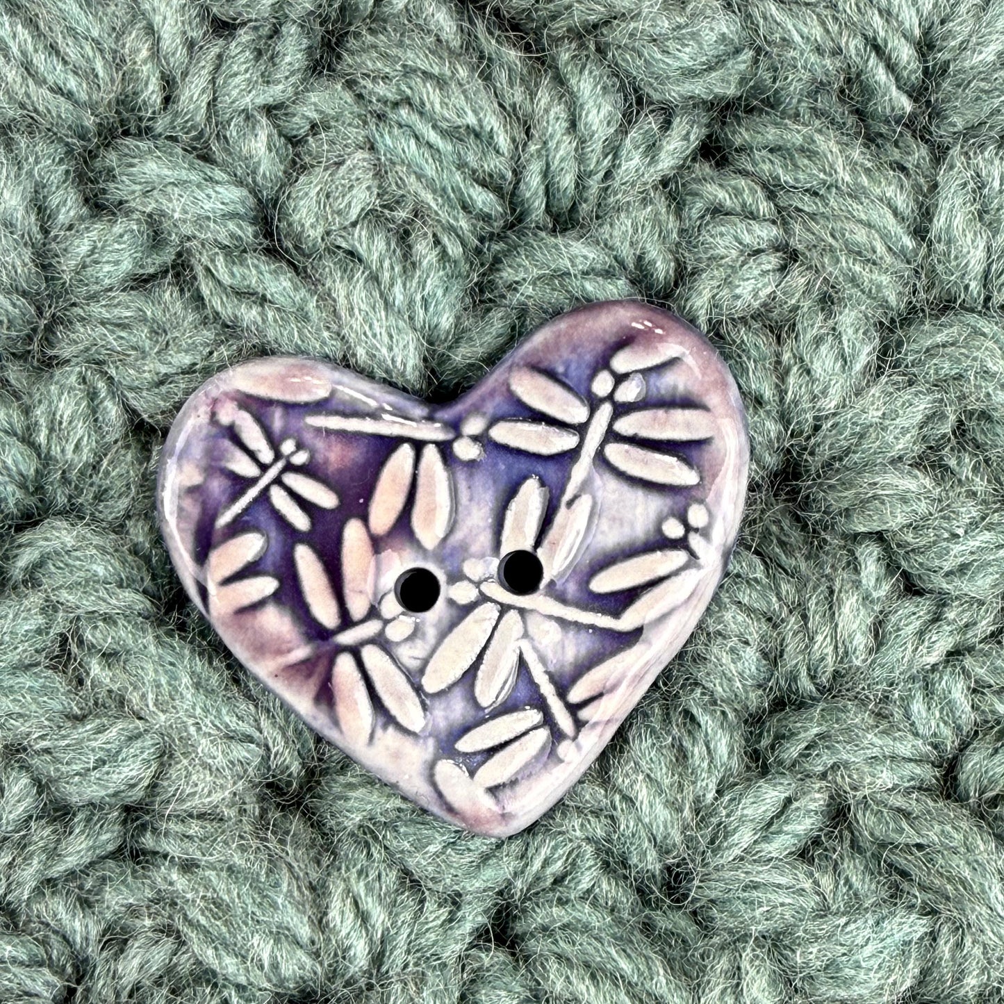 Purple Dragonfly Patterned Heart Ceramic Button