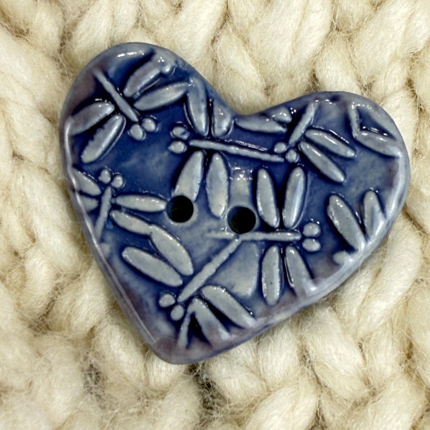 Purple Dragonfly Patterned Heart Ceramic Button