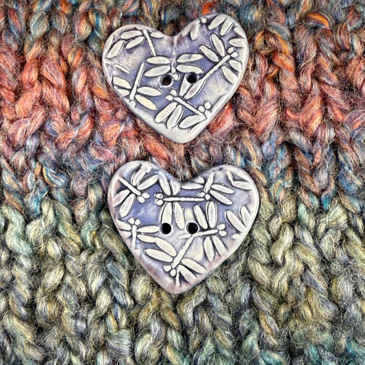 Purple Dragonfly Patterned Heart Ceramic Button