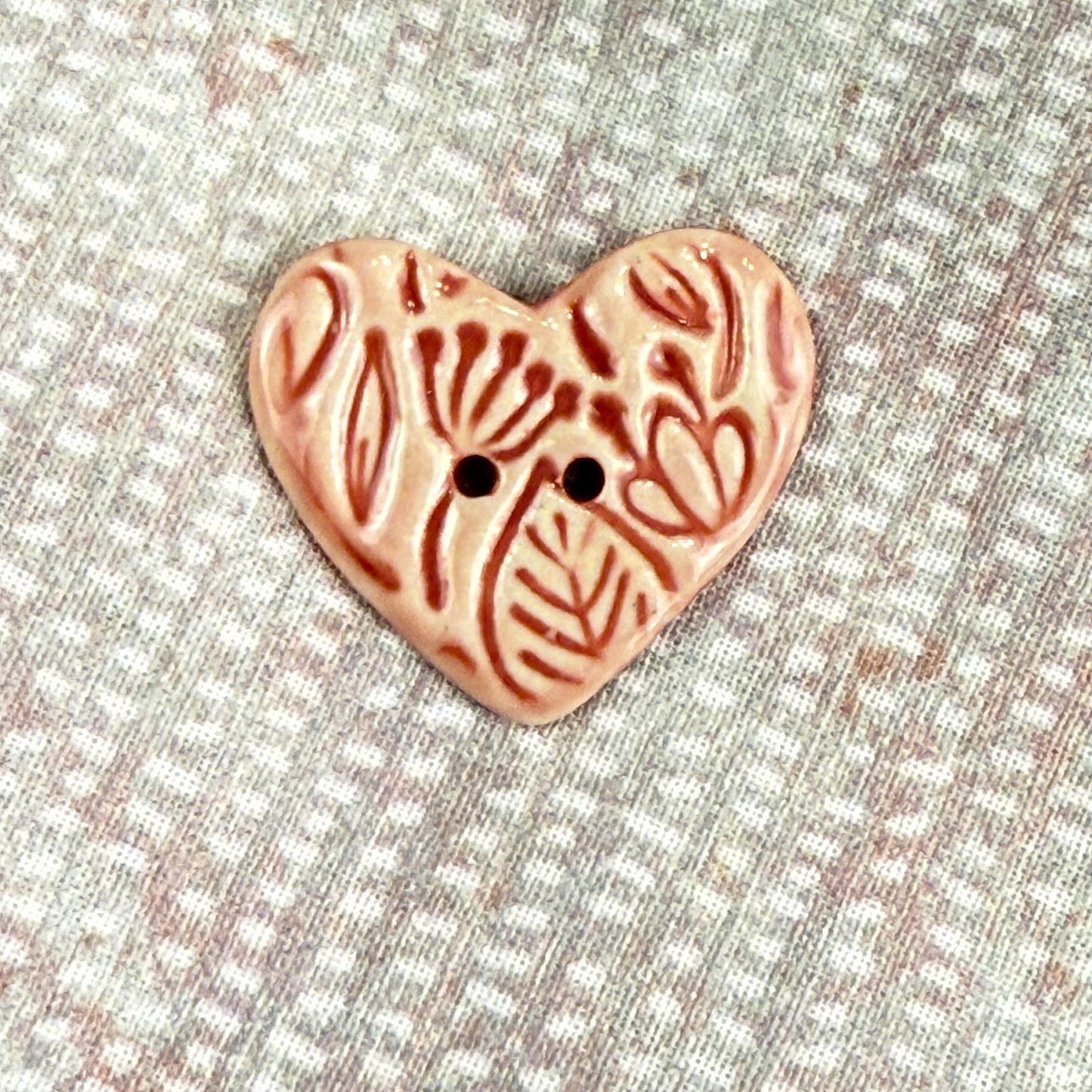 Red and Pale Pink Floral Patterned Heart Ceramic Button