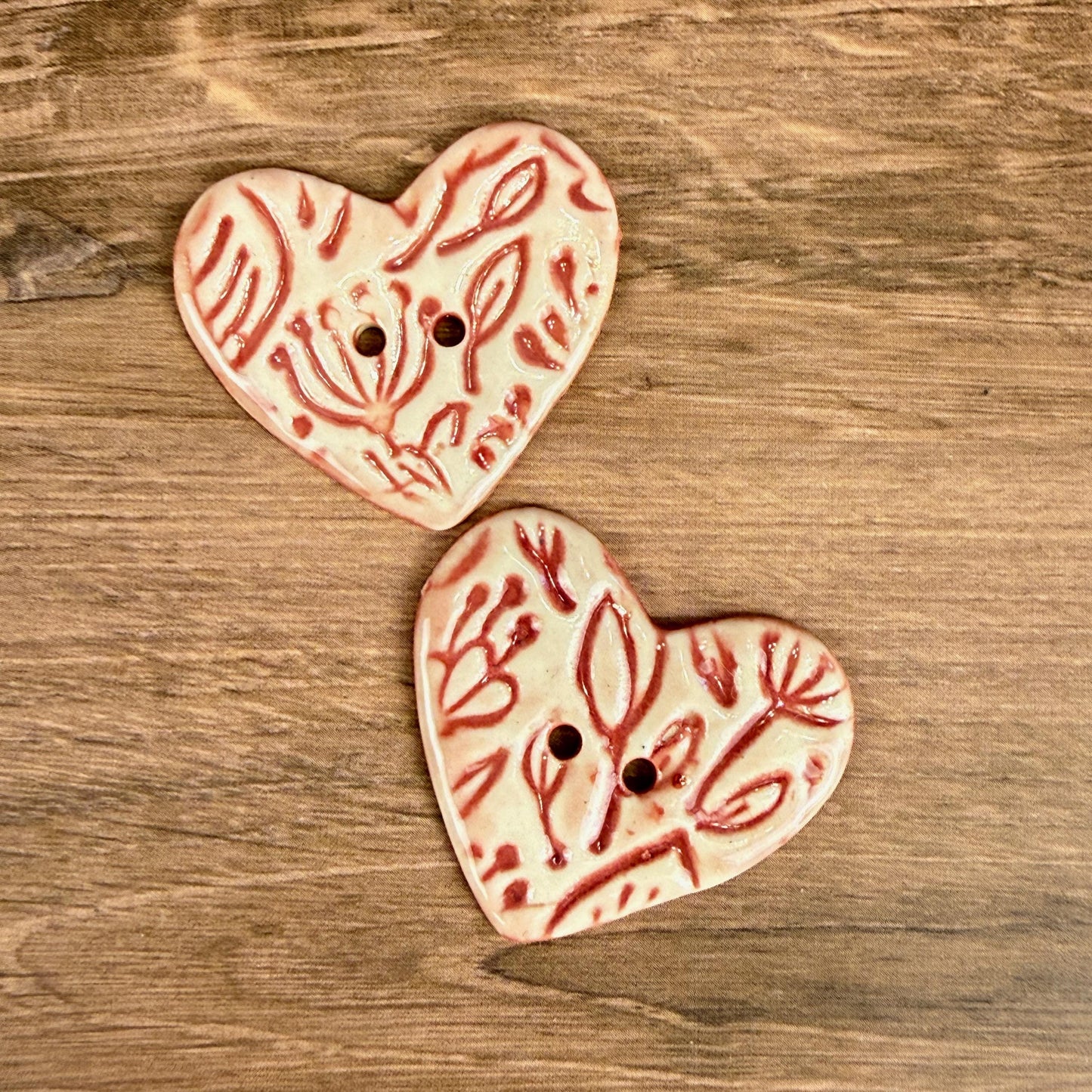 Red and Pale Pink Floral Patterned Heart Ceramic Button