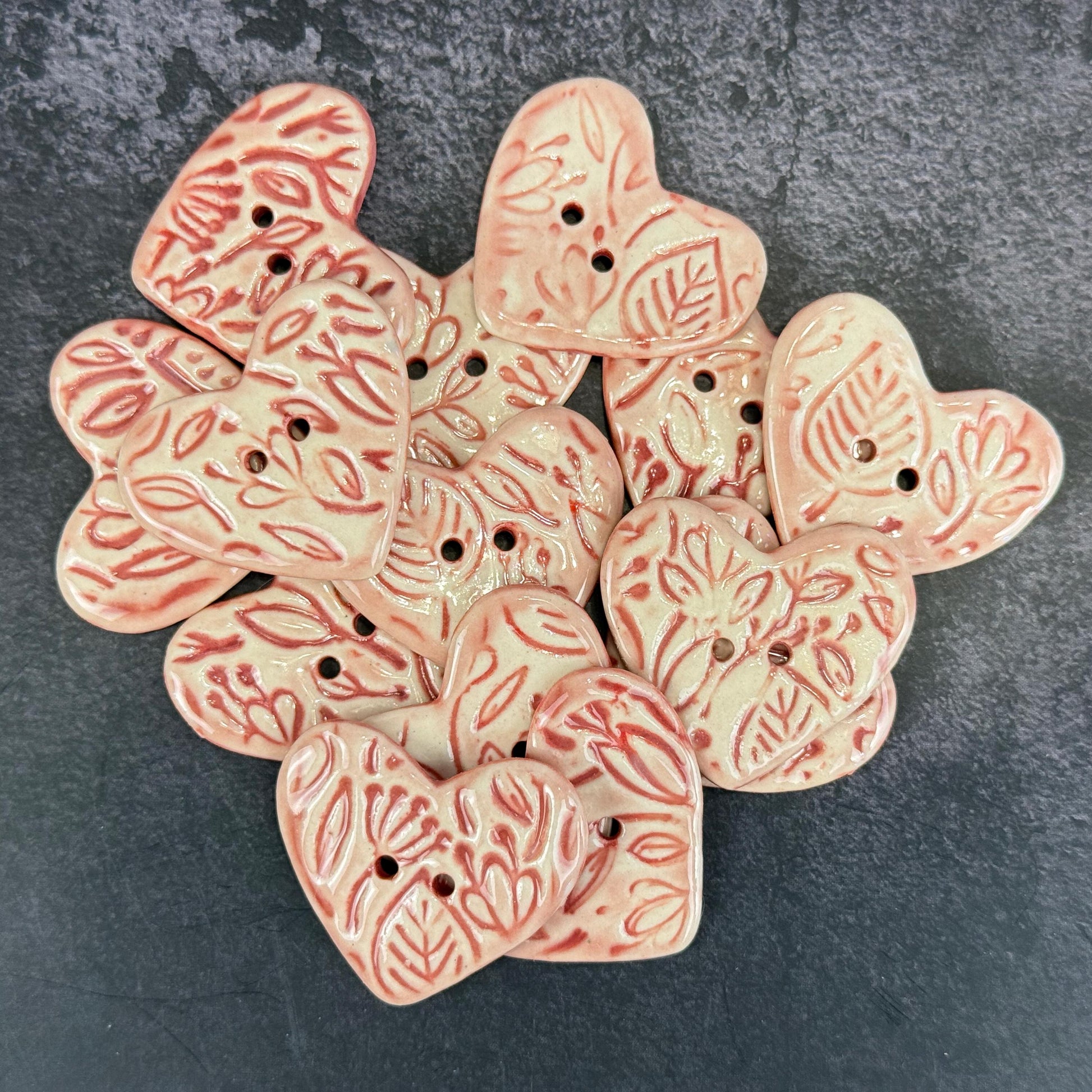Red and Pale Pink Floral Patterned Heart Ceramic Button