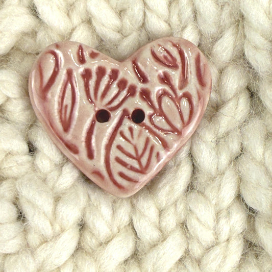 Red and Pale Pink Floral Patterned Heart Ceramic Button
