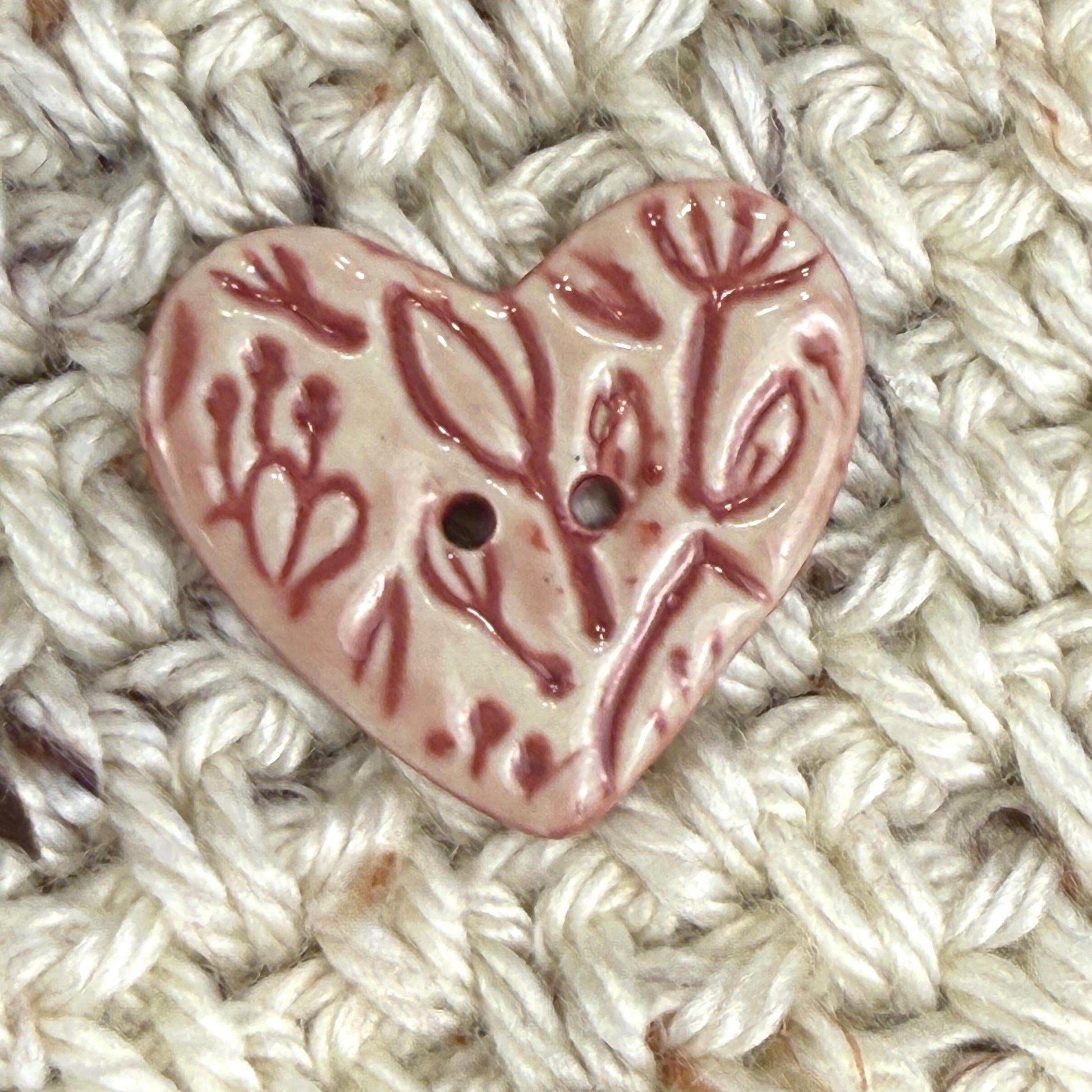Red and Pale Pink Floral Patterned Heart Ceramic Button