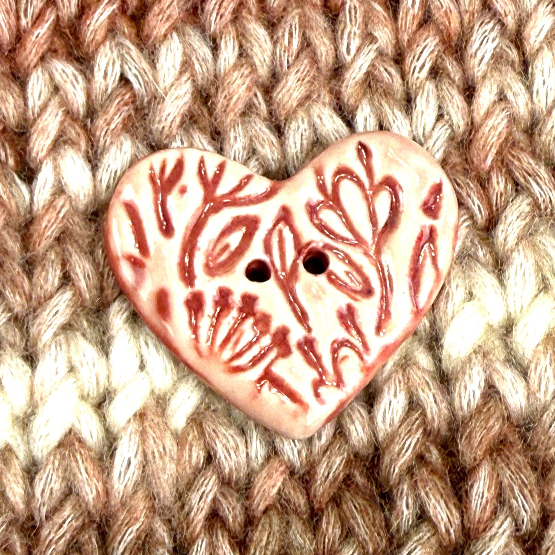 Red and Pale Pink Floral Patterned Heart Ceramic Button