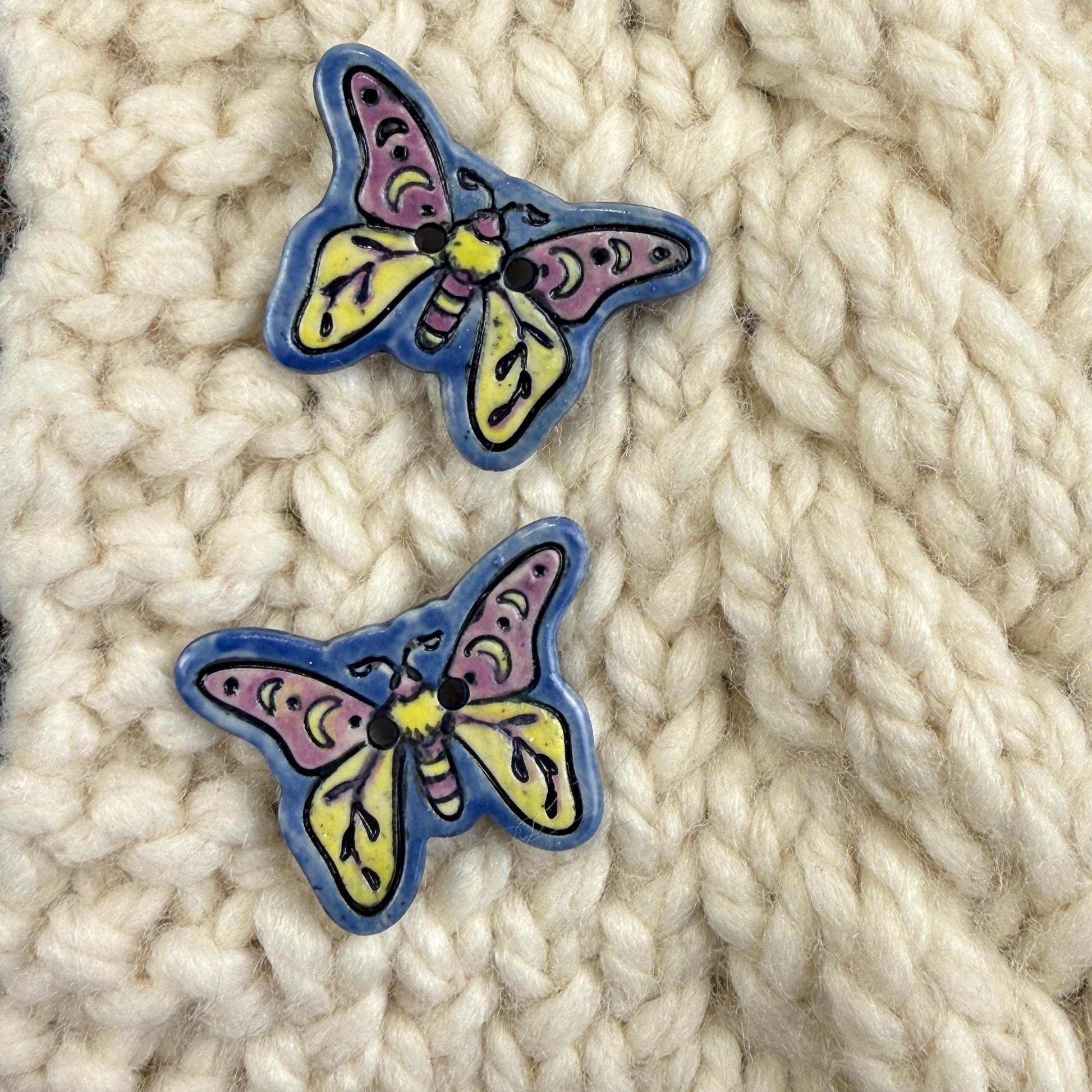 Purple, Blue, Yellow Moth Ceramic Button