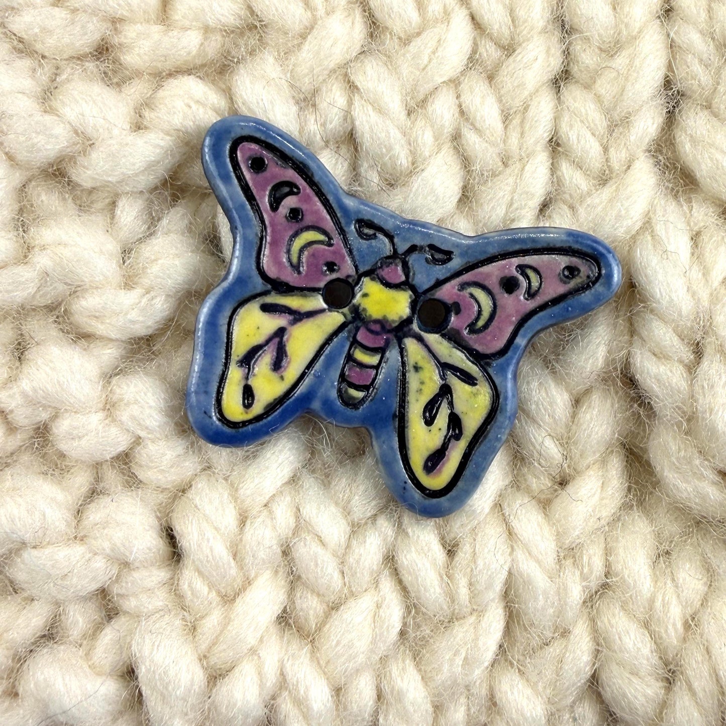 Purple, Blue, Yellow Moth Ceramic Button