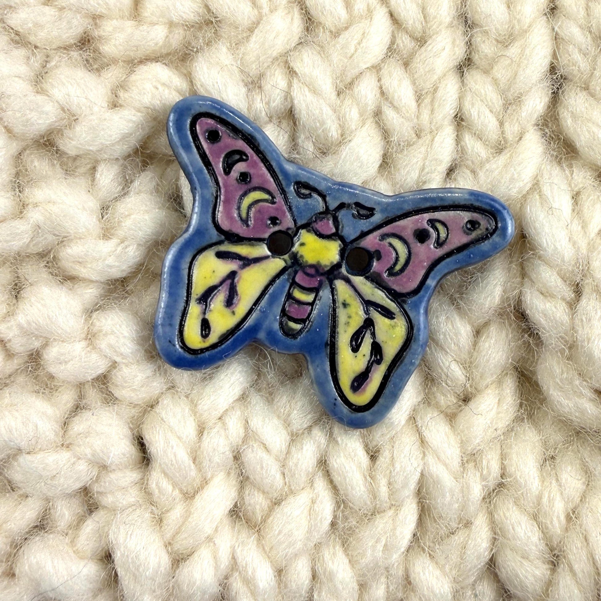 Purple, Blue, Yellow Moth Ceramic Button