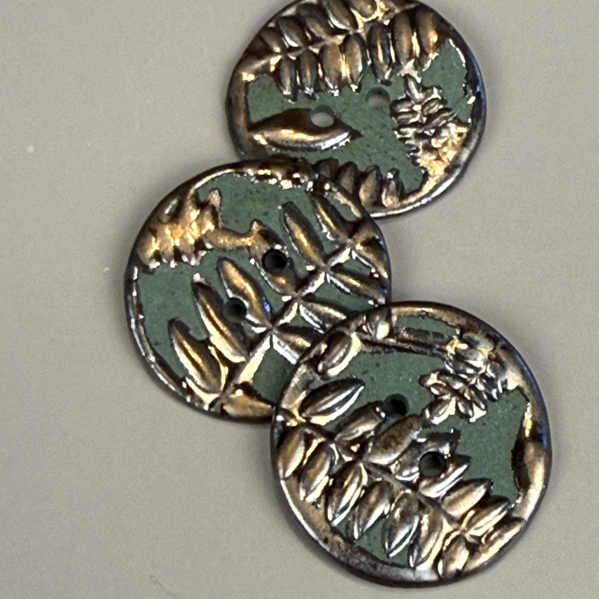 Gold Fern Leaves on Green Porcelain Round Buttons