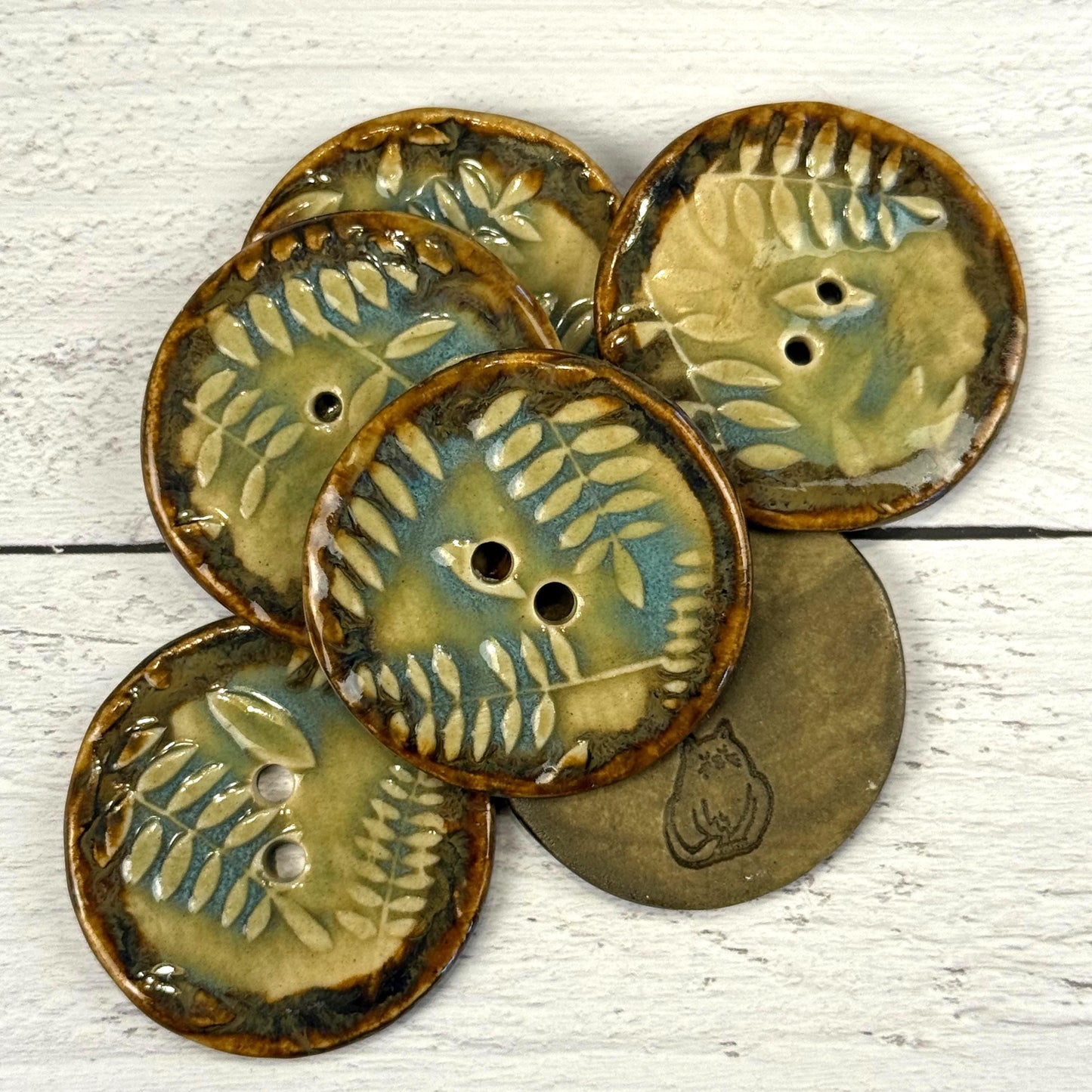 Ferns with Green, Blue, and Copper 2 Hole Large Round Buttons