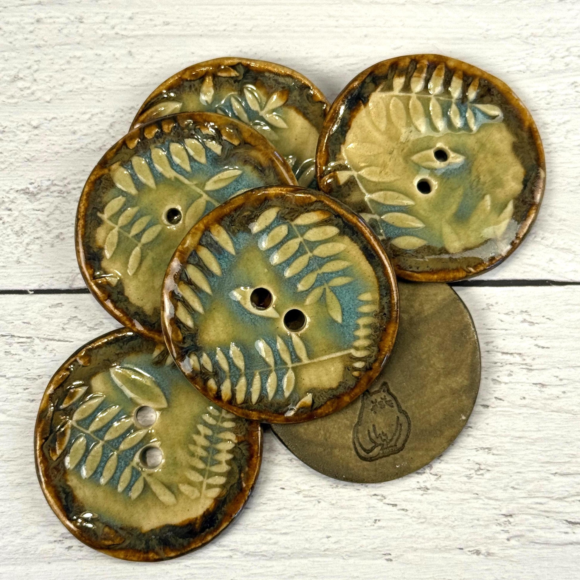 Ferns with Green, Blue, and Copper 2 Hole Large Round Buttons