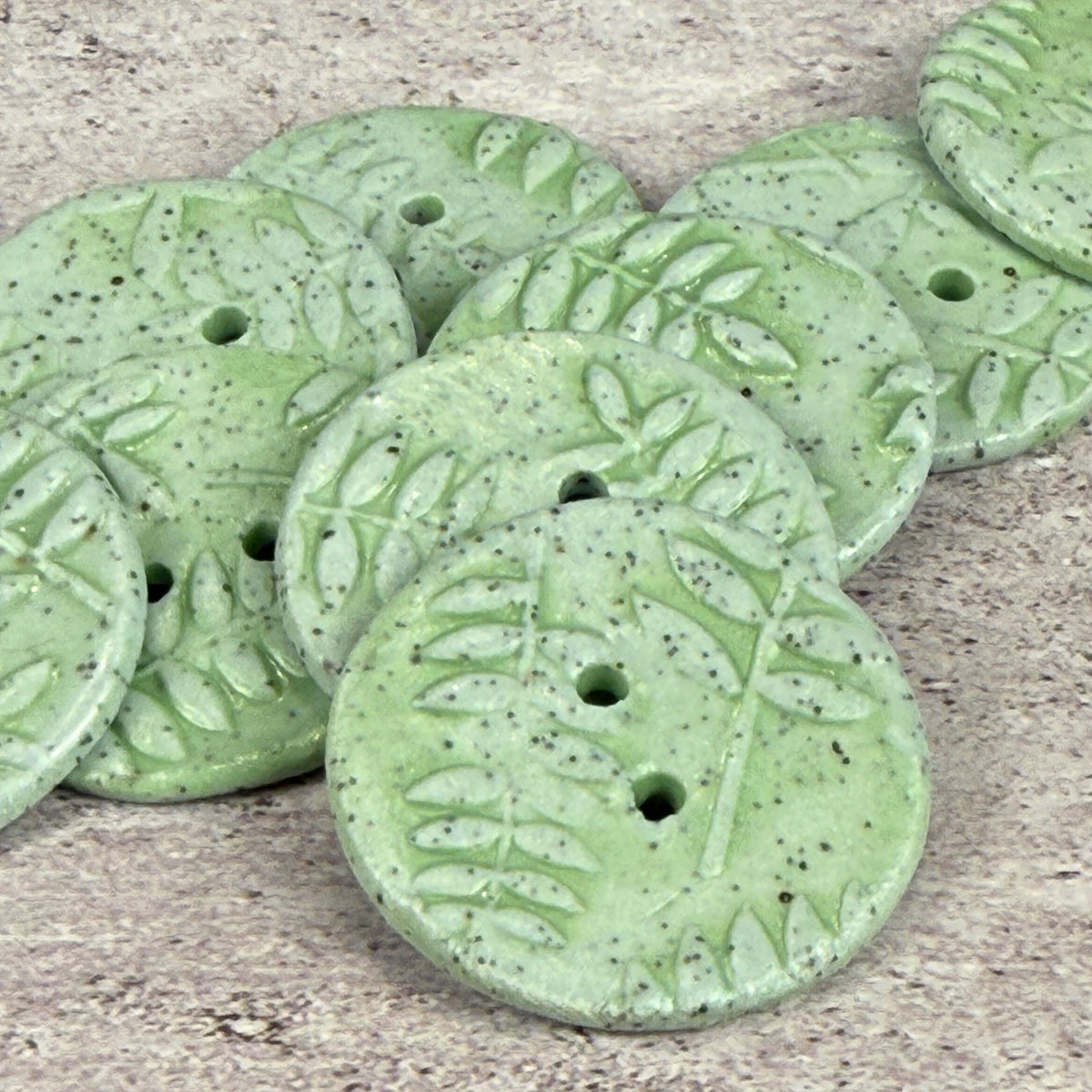 3 Light Green with Ferns Speckled Porcelain Buttons