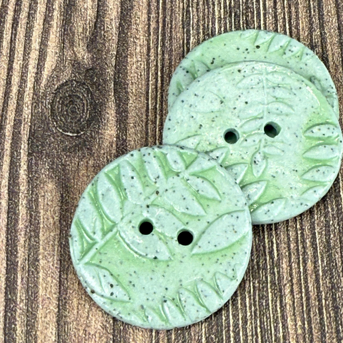 3 Light Green with Ferns Speckled Porcelain Buttons