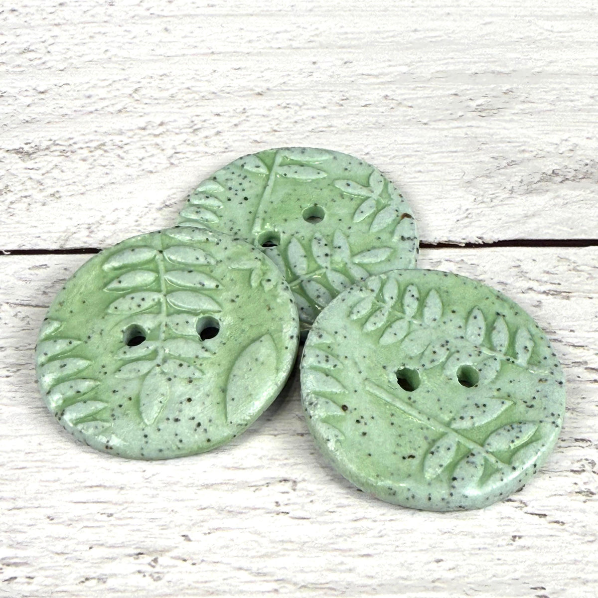 3 Light Green with Ferns Speckled Porcelain Buttons