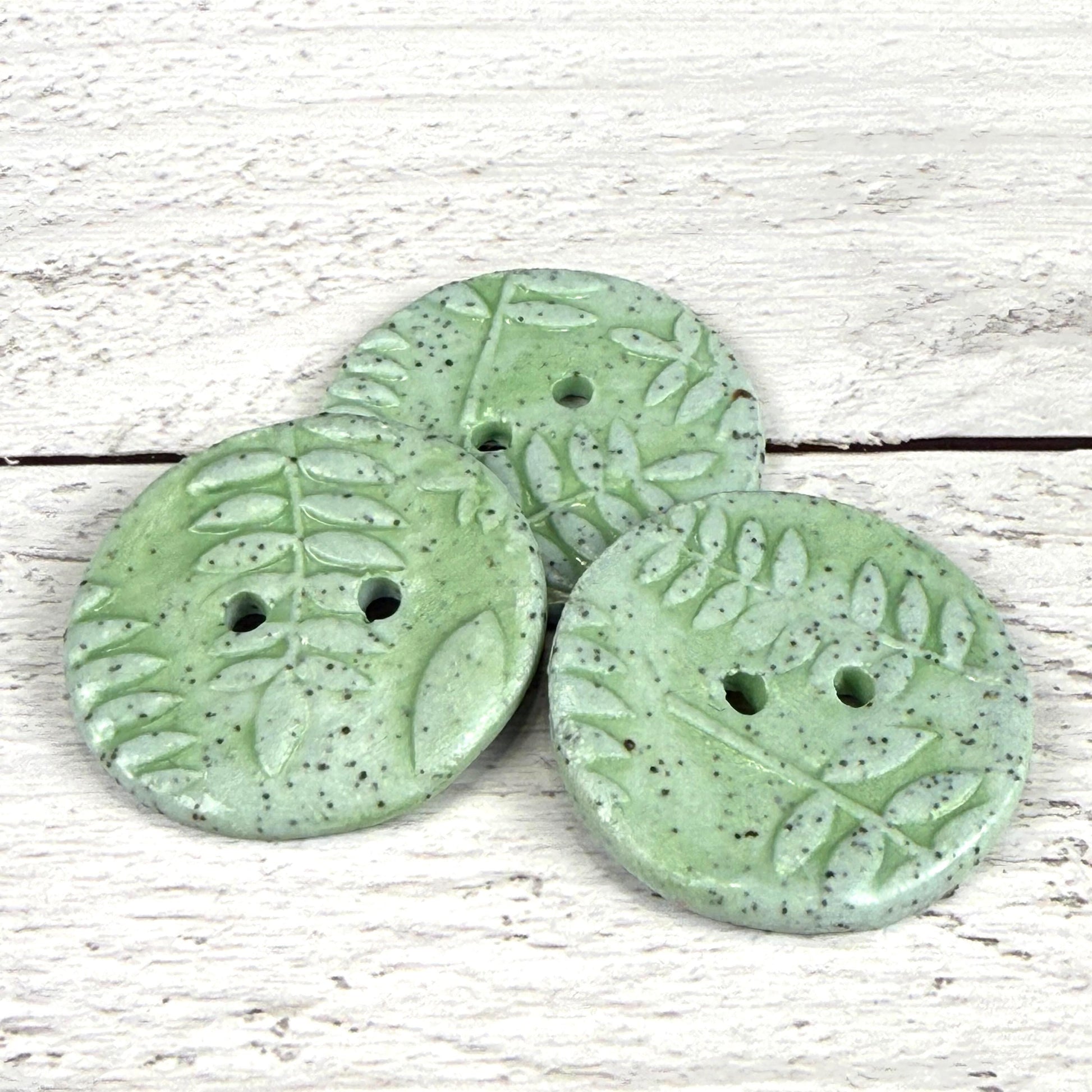 3 Light Green with Ferns Speckled Porcelain Buttons