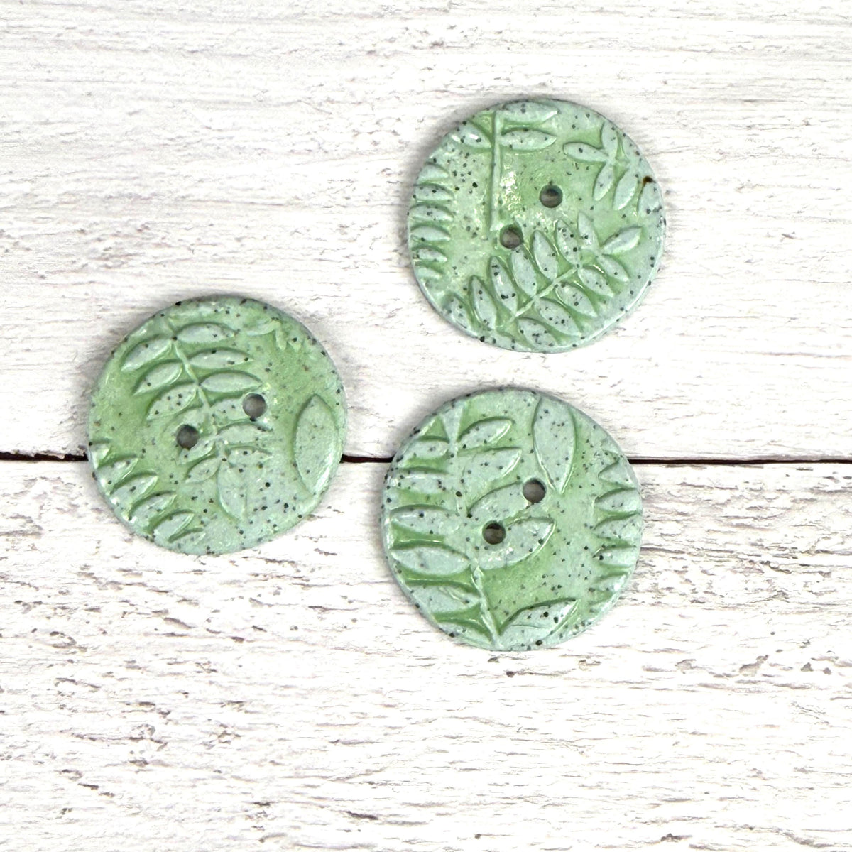 3 Light Green with Ferns Speckled Porcelain Buttons