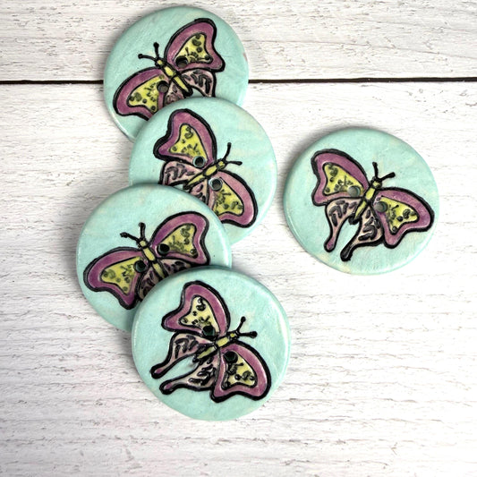 Red Violet Moth with Yellow on Aqua Blue Ceramic Button