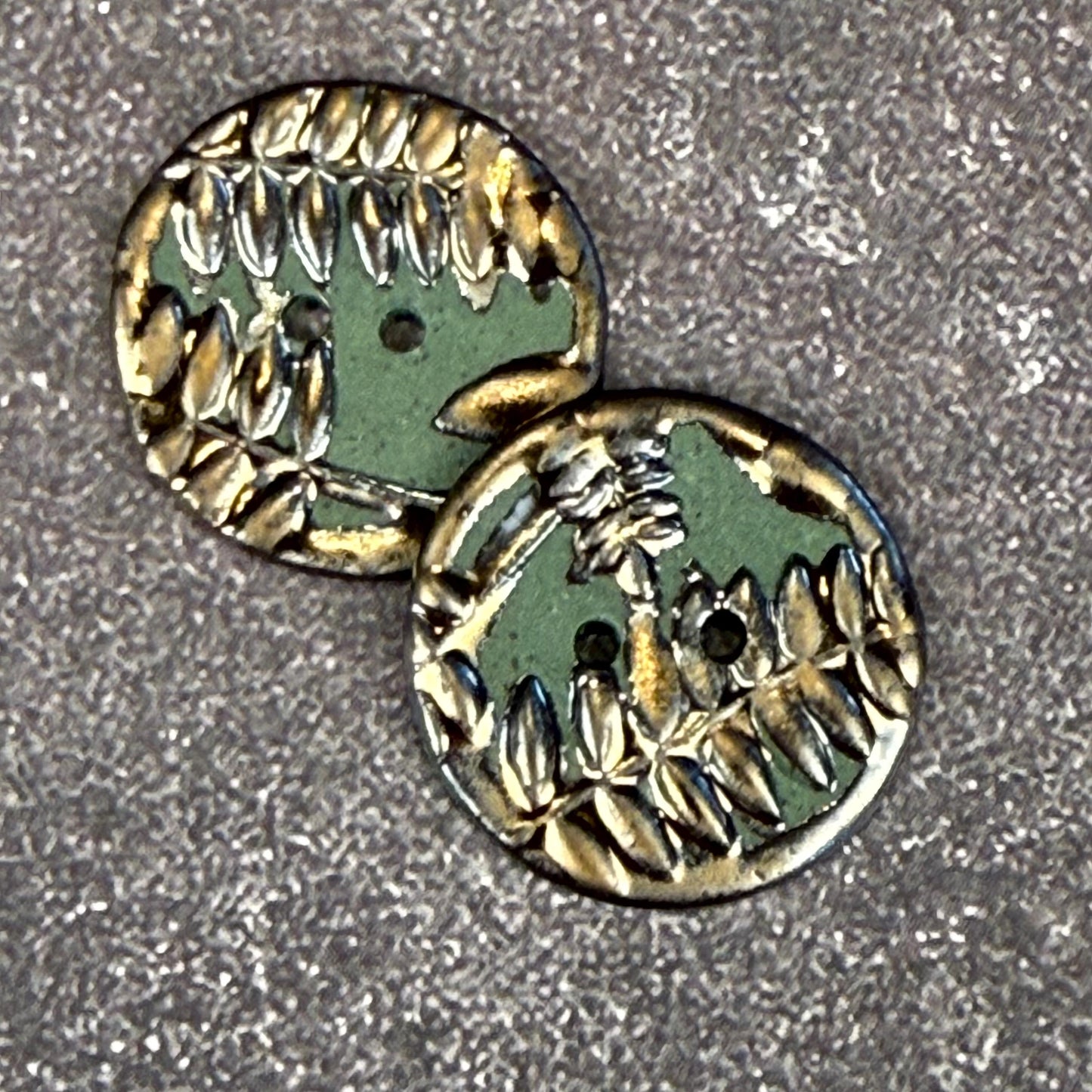 Gold Fern Leaves on Green Porcelain Round Buttons