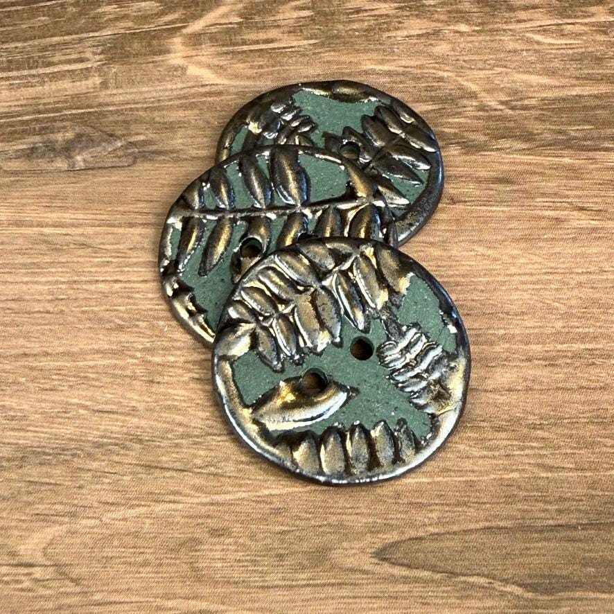 Gold Fern Leaves on Green Porcelain Round Buttons