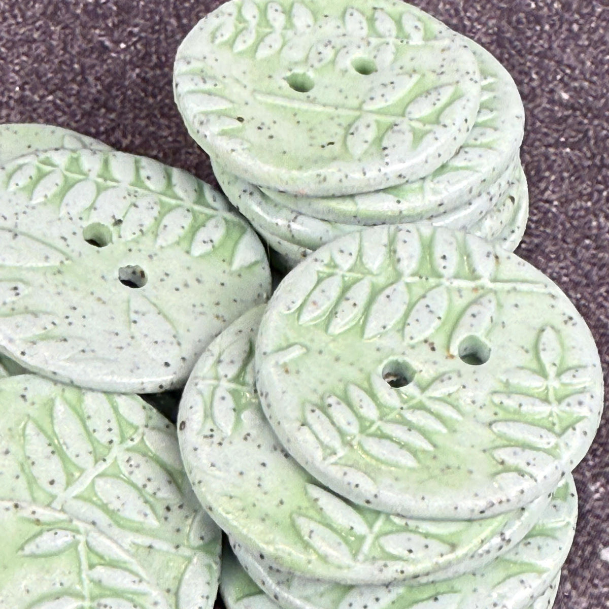 3 Light Green with Ferns Speckled Porcelain Buttons