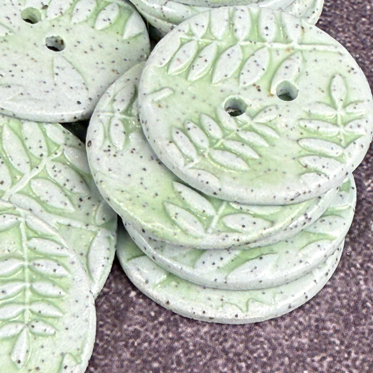 3 Light Green with Ferns Speckled Porcelain Buttons